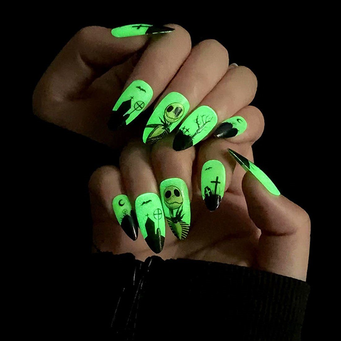 Nails 2-tlg. DÖRÖY Kunstnägel,Glow-in-the-Dark 2 Stück, Fake Kunstfingernägel Halloween Damen Sets/48