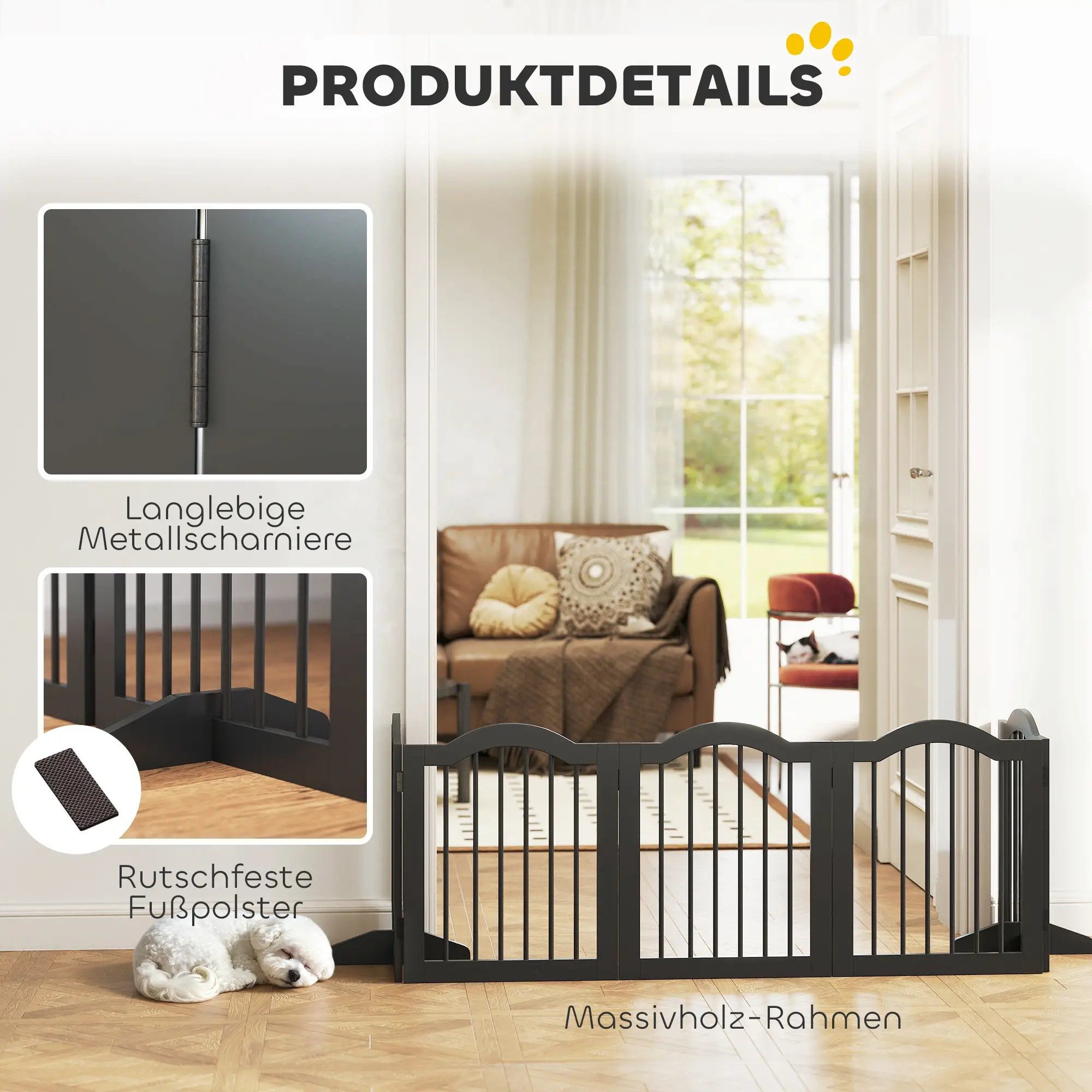 BlingBin Tierabsperrgitter Hund Freistehendes Schutzgitter mit Füßen 261,5 x 61 cm Hundegitter, Klappbar Treppengitter für Treppen, Türen, Küche, Flur