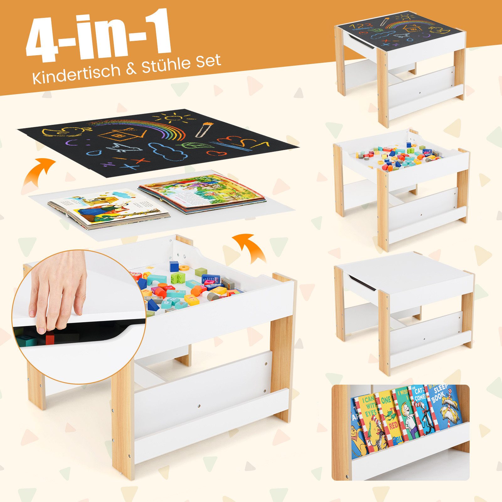 COSTWAY Kindersitzgruppe, (3-tlg), Holz mit Aufbewahrungsboxen & Bücherrega günstig online kaufen