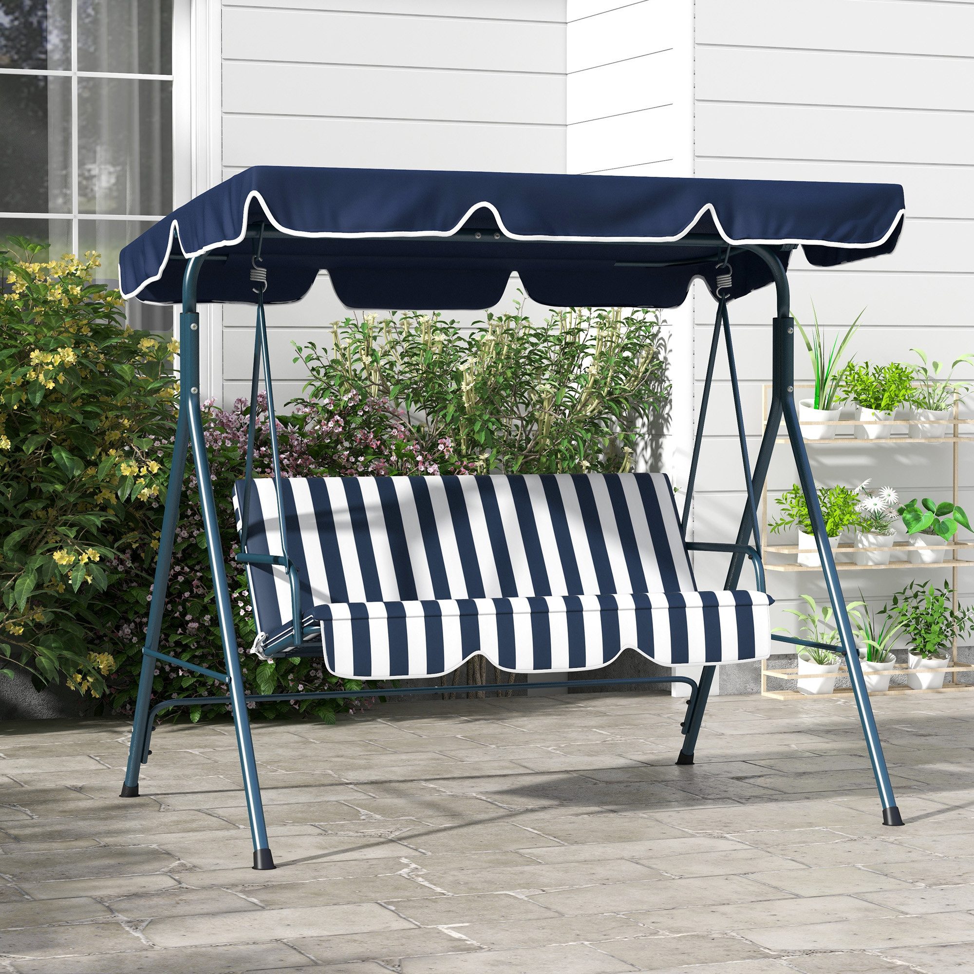 Outsunny Hollywoodschaukel Gartenschaukel, verstellbar, Schaukelbank belast bis 240 kg, 3-Sitzer, mit verstellbarem Dach, Schwingbank, 1 tlg., Gartenschaukel, bis 240 kg belastbar, für Garten, Balkon, Mesh, Blau