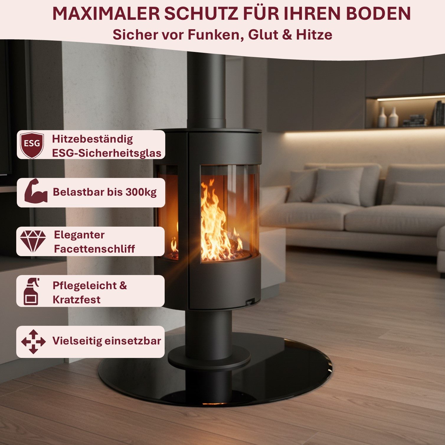 HOOZ Bodenschutzplatte Funkenschutzplatte aus 6mm ESG Ø90cm, rund mit Facettenschliff Schwarz, Kamin Glas, 1-St., belastbare Glasauflage, Glasplatte, Schutzglas, Bodenschutzglas für Kamin, Ofen und Boden