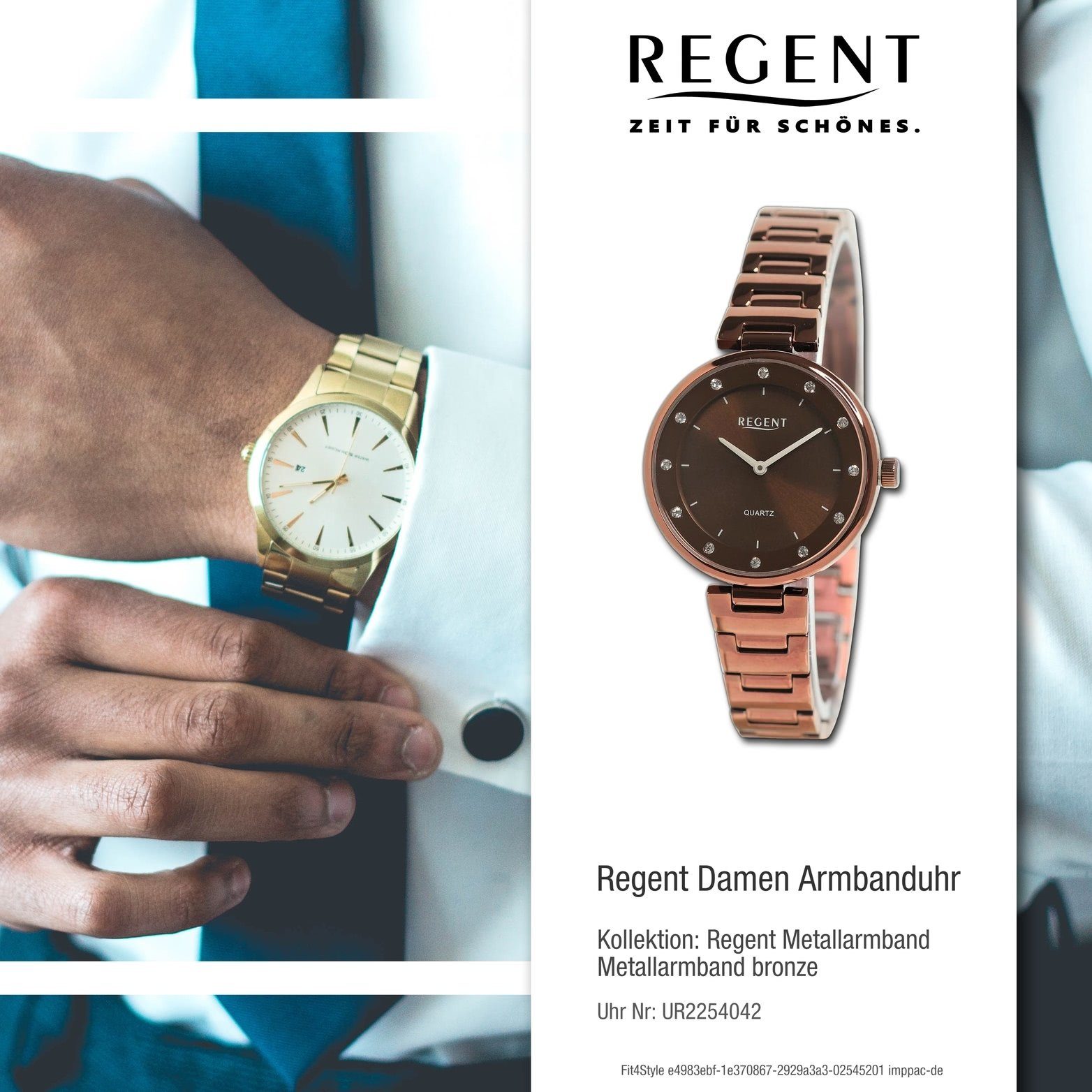 Regent Quarzuhr groß Analog, rundes Gehäuse, Regent bronze, Damen Metallarmband extra Damenuhr Armbanduhr (ca. 34mm)