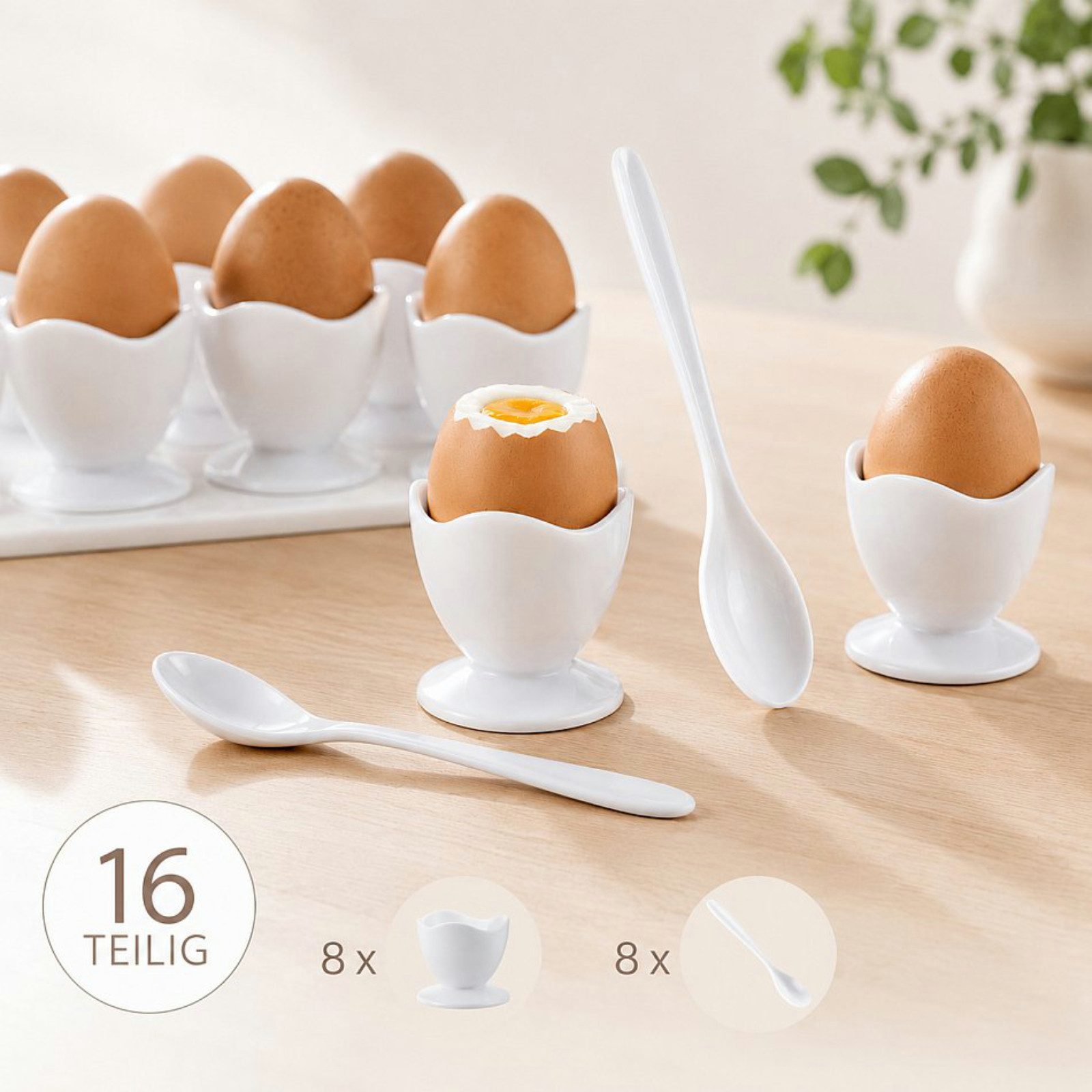 Koopman Eierbecher Kunststoff Weiß 16 tlg. Set, (Set, 16-tlg., Packung), Set, 8 Becher, Ø 5cm, 8 Löffel, Kunststoff