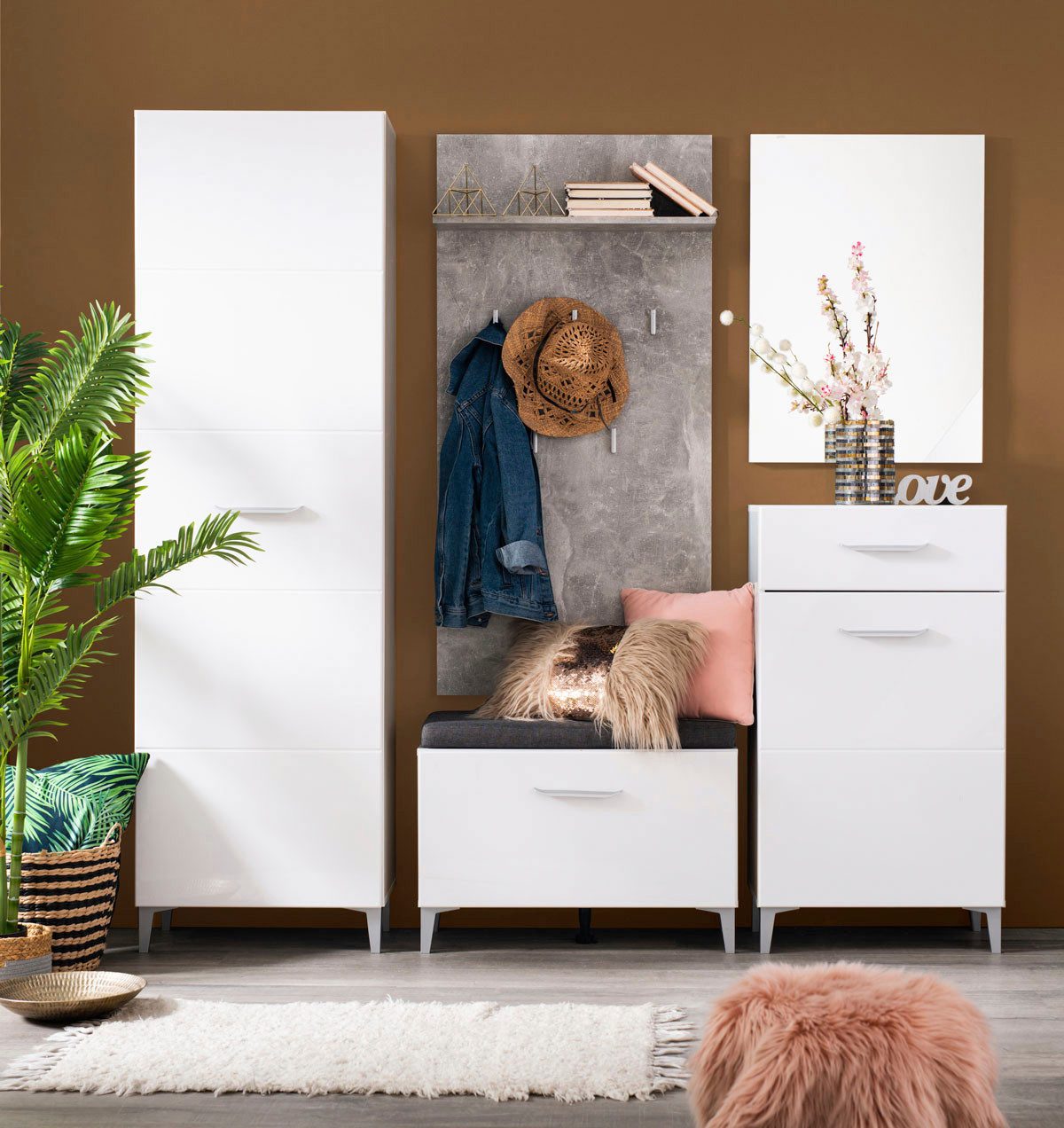INOSIGN Garderoben-Set Como, (Komplett-Set), mit Garderobenschrank, Kommode, Sitzbank, Garderobenpaneel und Spiegel