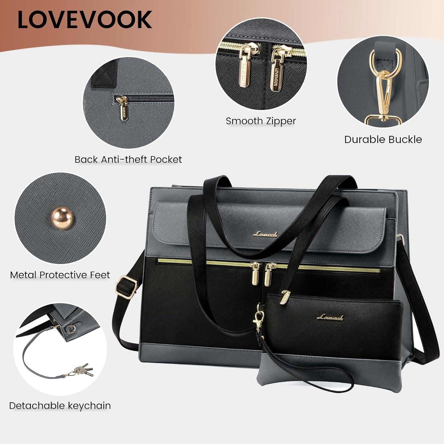 LuxusKollektion Laptoptasche 15,6 Zoll Laptop Handtasche Damen Groß PU Leder Wasserdicht Grau