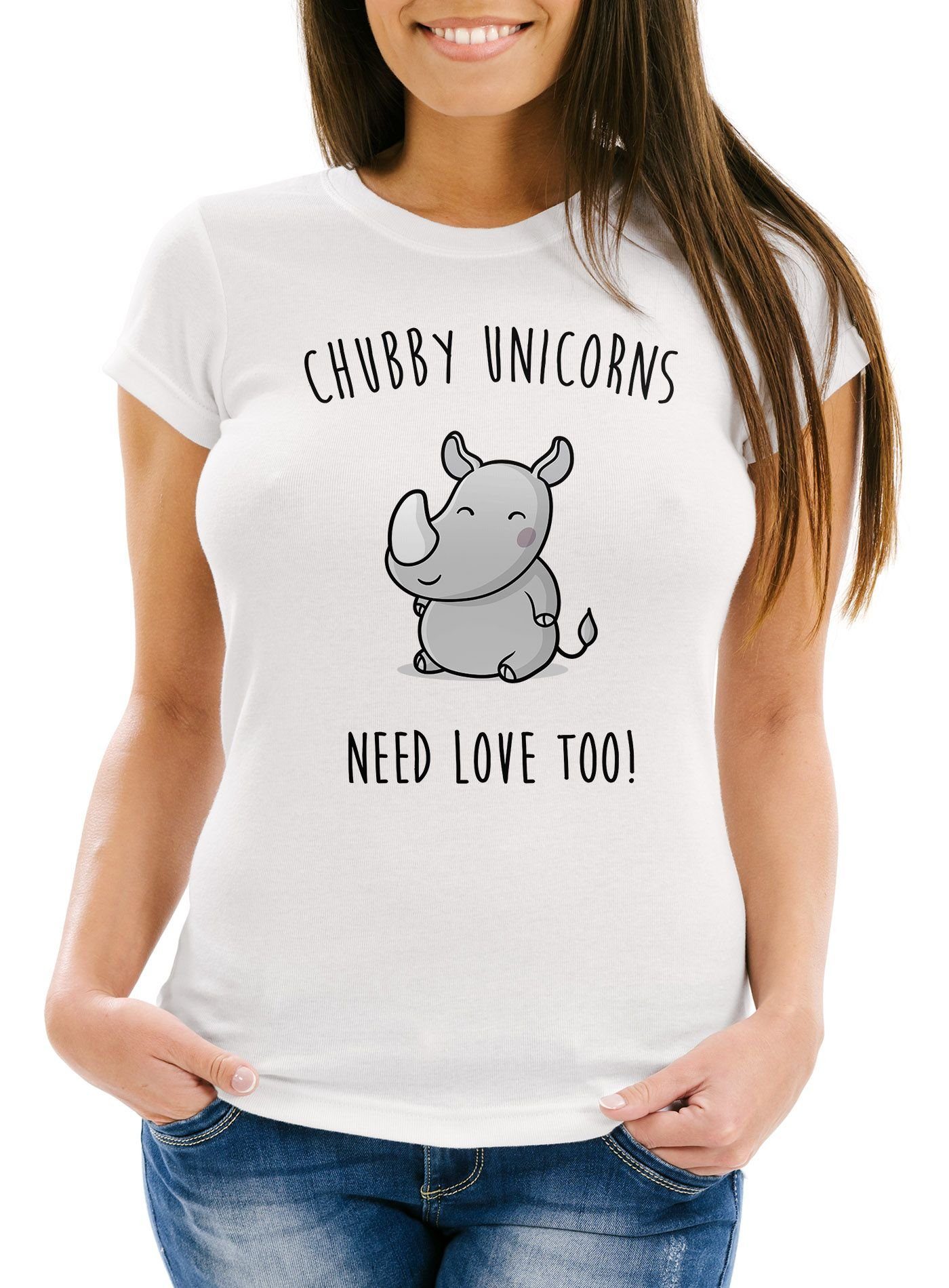 Damen Shirts MoonWorks Print-Shirt Damen T-Shirt chubby Unicorns need love too Nashorn Einhorn Spruch Slim Fit Moonworks® mit Pr