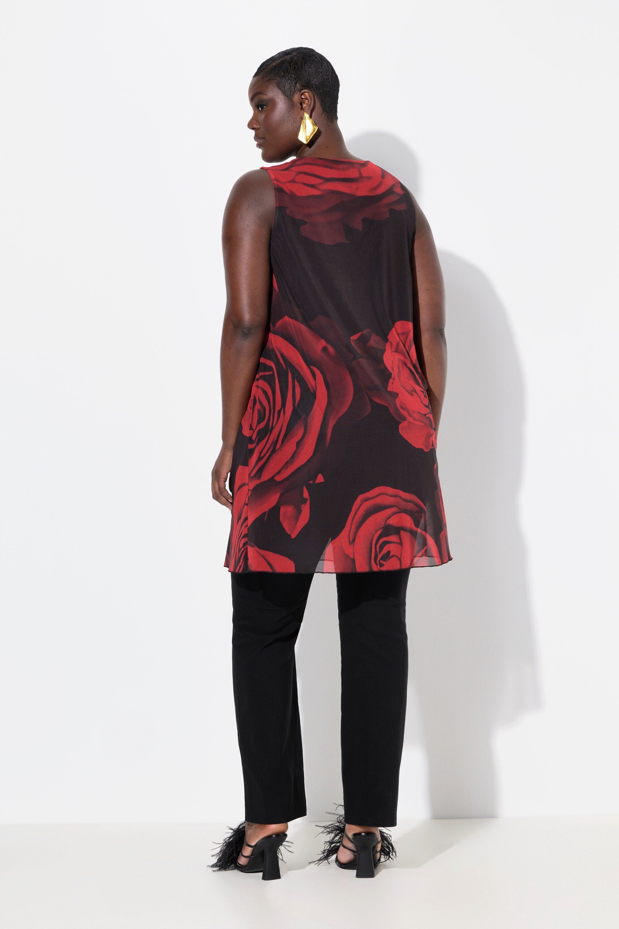 Ulla Popken Tunika Long-Tunika Rosen A-Linie Rundhals ärmellos