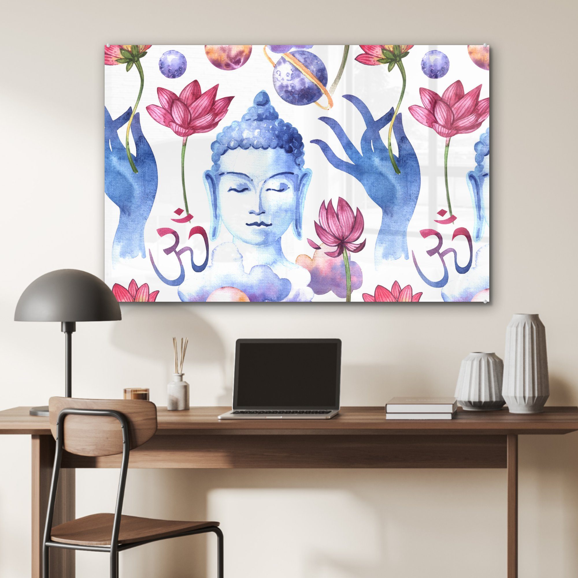 Muster Buddha Acrylglasbild Blumen, - & MuchoWow Acrylglasbilder St), Schlafzimmer (1 - Wohnzimmer