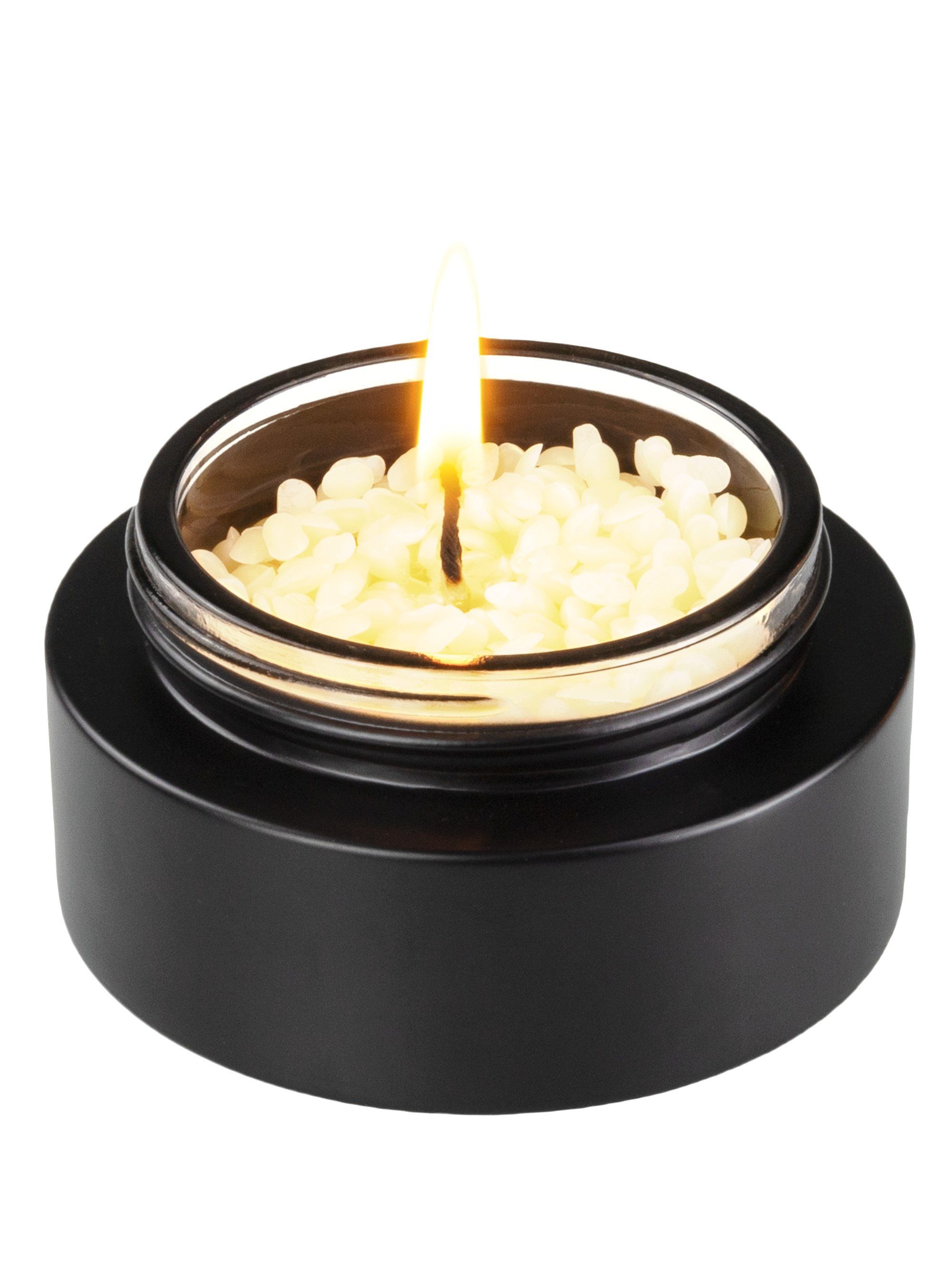 Wachsmann Bienenprodukte Bienenwachskerze Bienenwachs Kerze im Glas aus Bienenwachs Pastillen, 100 % Bienenwachs, wiederverwendbar, Bambusdeckel, Gravur, Hanfdocht