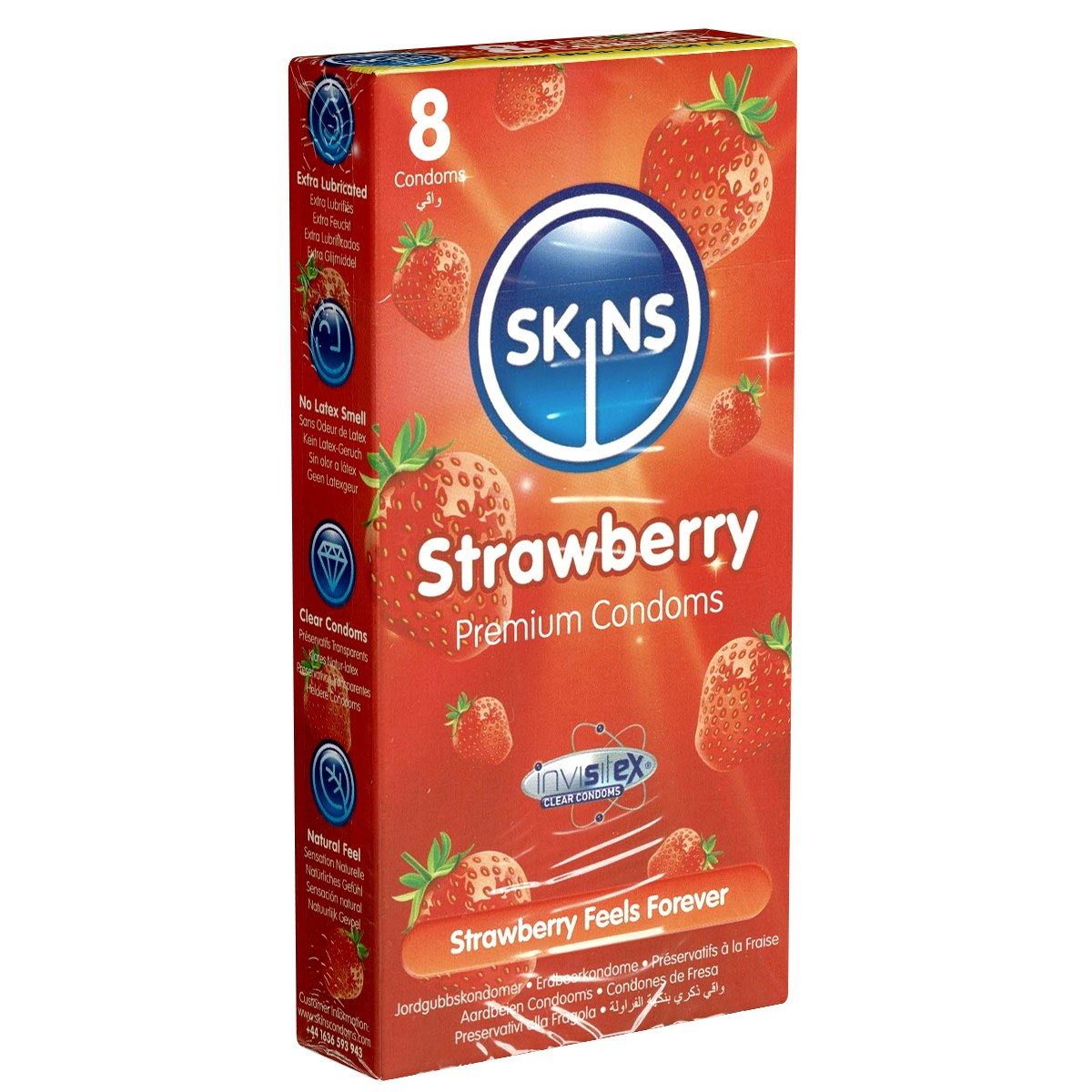 SKINS Condoms Kondome Strawberry, samtweiche Oberfläche, fühlt sich an wie "echt", Packung mit, 8 St., Kondome mit fruchtigem Erdbeeraroma, durchsichtiges Latex (kristallklar), kein Latexgeruch