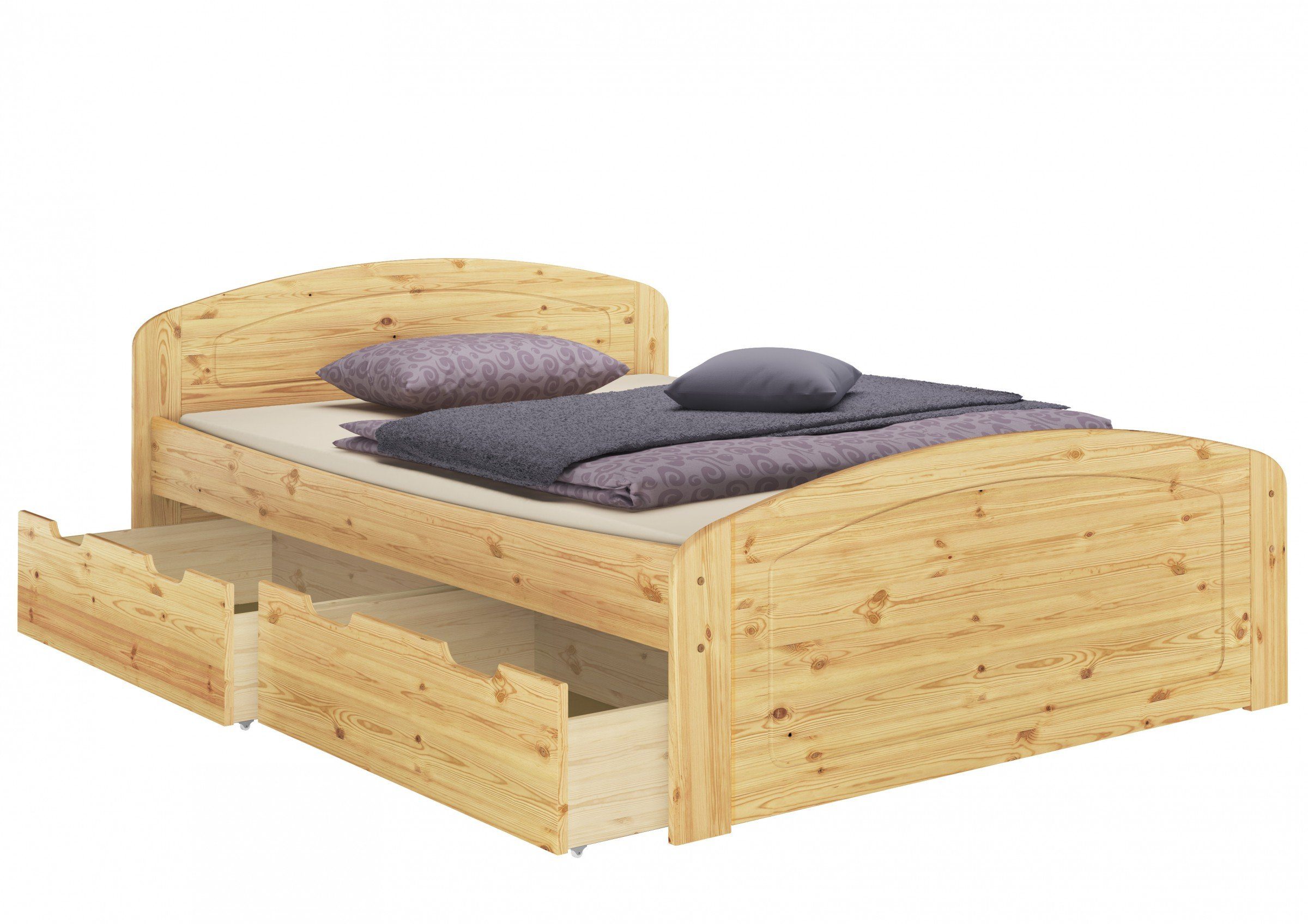 ERST-HOLZ Bett Doppelbett 2 Rollrost Kieferfarblos + 160x200 lackiert Staukästen, 3 Matratzen + 