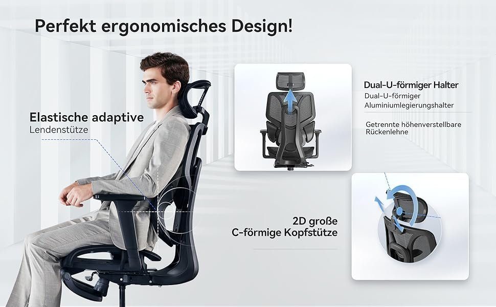 Armlehne, (Kopfstütze Bürostuhl Hbada Fußstütze), Bürostuhl, Ergonomischer und 158KG Netz, mit Schreibtischstuhl Breathable Elastischer Lordosenstütze,