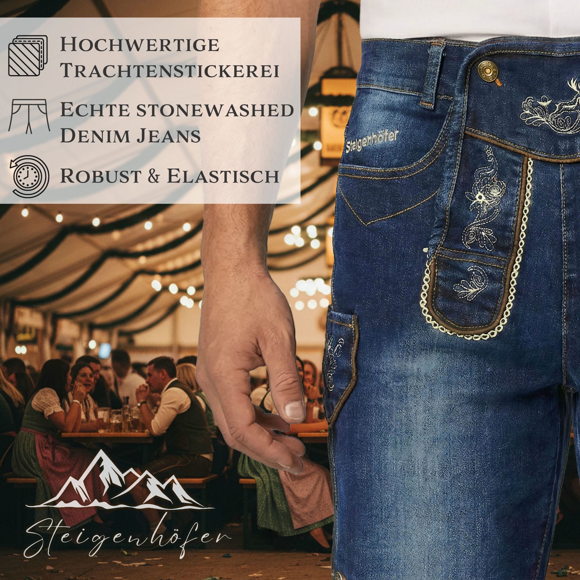 Steigenhöfer Manufaktur Trachtenjeans Herren im Lederhosen Look - Leonard - Stonewashed Stretch Denim Trachtenlatz mit Knopfleiste - Kurze Jeans - Oktoberfest Outfit