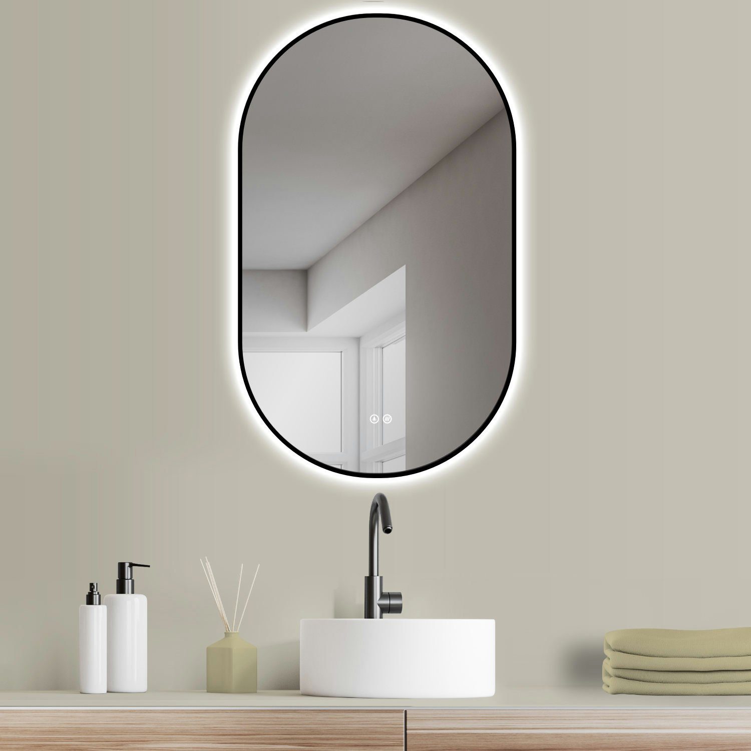 HOKO Badspiegel mit beleuchtung+Antifog, Oval Schwarz günstig online kaufen