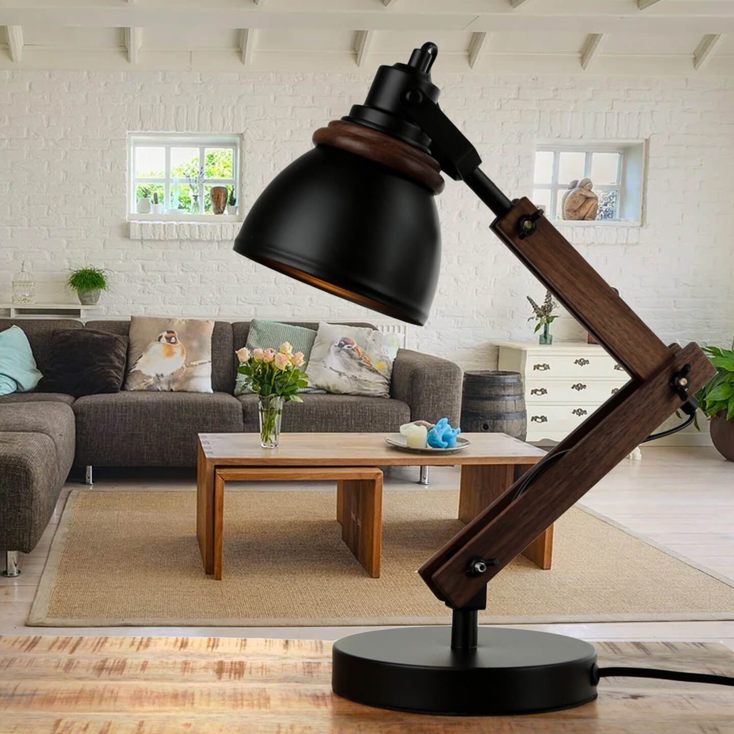 Licht-Erlebnisse Schreibtischlampe NOAH, ohne Leuchtmittel, Tischlampe Holz  Metall verstellbar Retro Schreibtisch