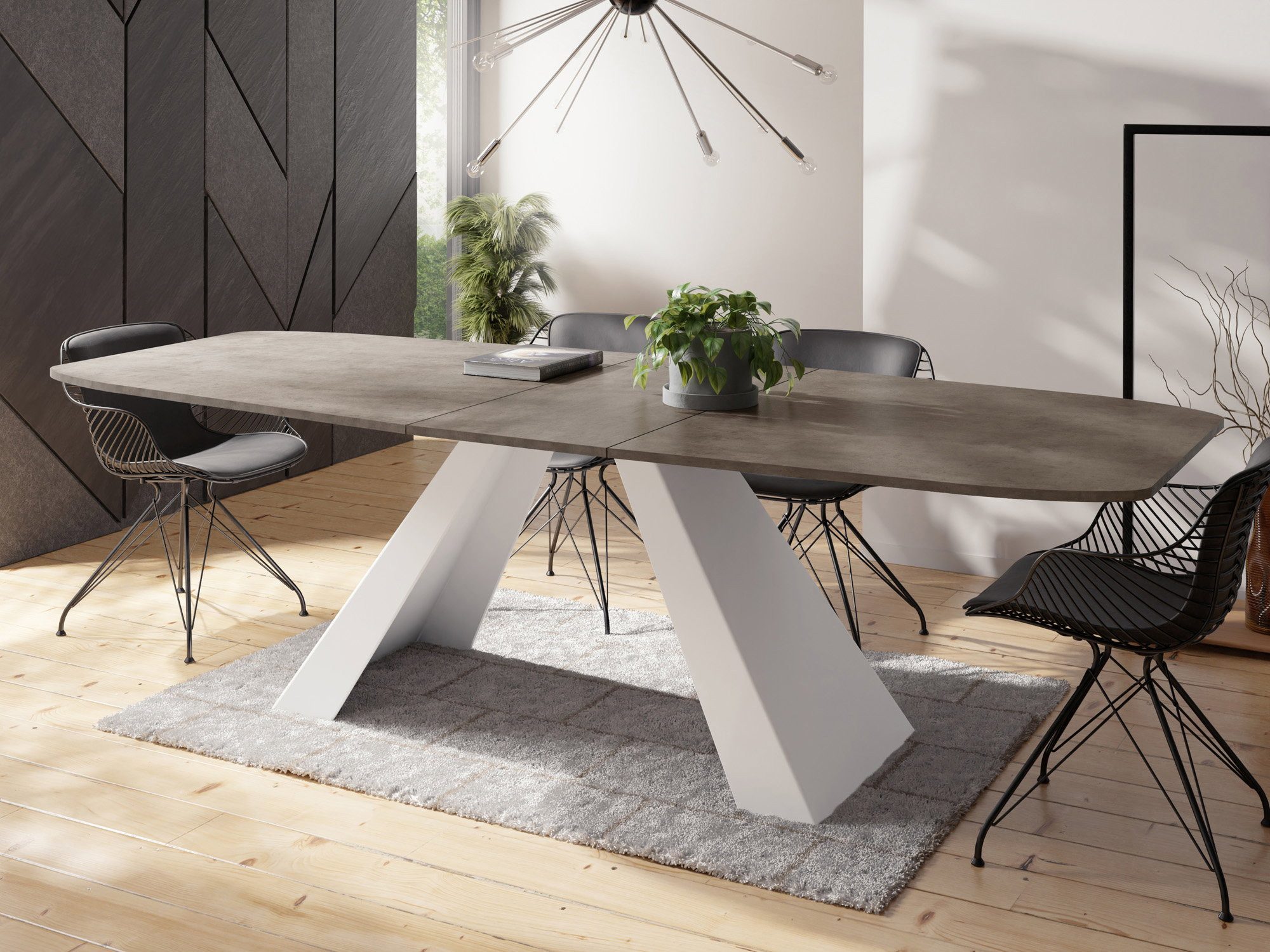 WFL GROUP Esstisch Monte White ausziehbar rechteckig industrial mit weißen Metallbeinen (MADE IN EU, erhältlich in zwei Größen – 160/180 cm, ausziehbar auf 200/220 cm), moderner Tisch in Holzoptik für Küche, Esszimmer oder Wohnzimmer