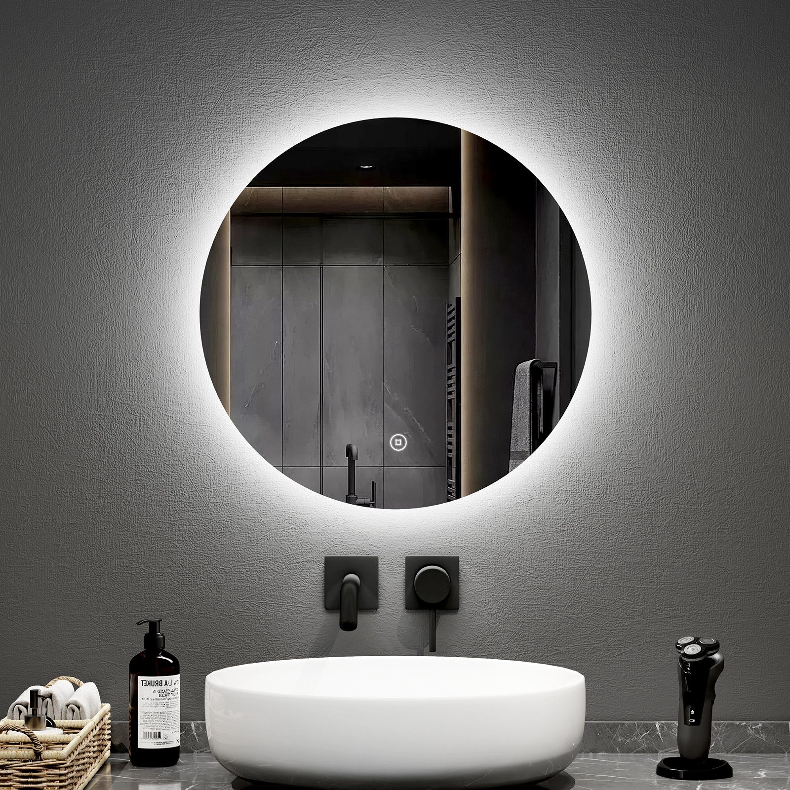 EMKE Badspiegel Runder Wandspiegel mit LED-Beleuchtung ohne Rahmen, Dimmbar Modern (50~80cm, Touchschalter), Kaltweiß Licht, Dimmbar, Memory Funktion, IP44