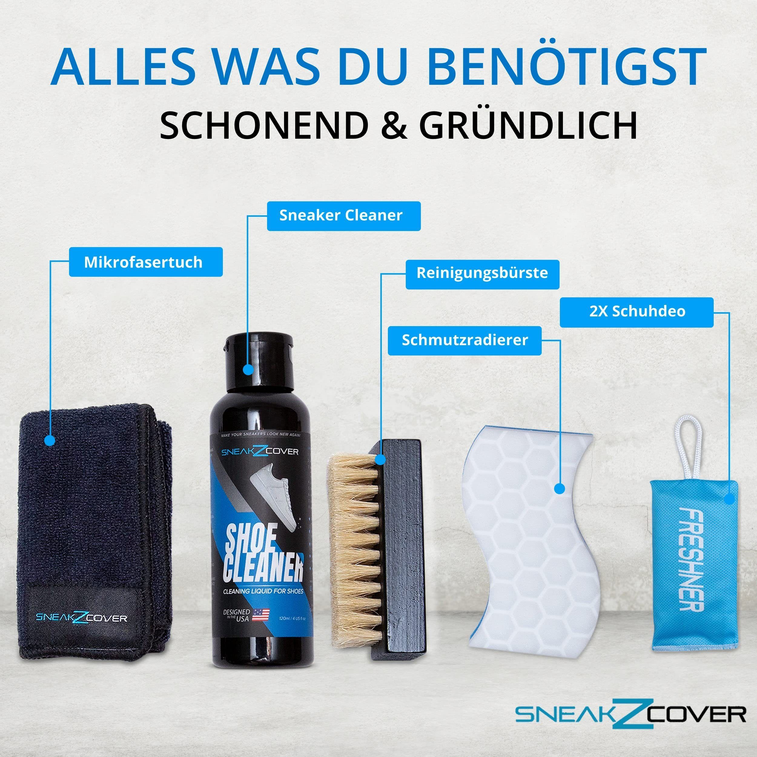 SneakZcover Sneaker Cleaner Set Premium Schuhputzset Schuhreiniger (Schuh Reiniger, Mikrofasertuch, Schuhbürste, Schmutzradierer, Schuhdeo)