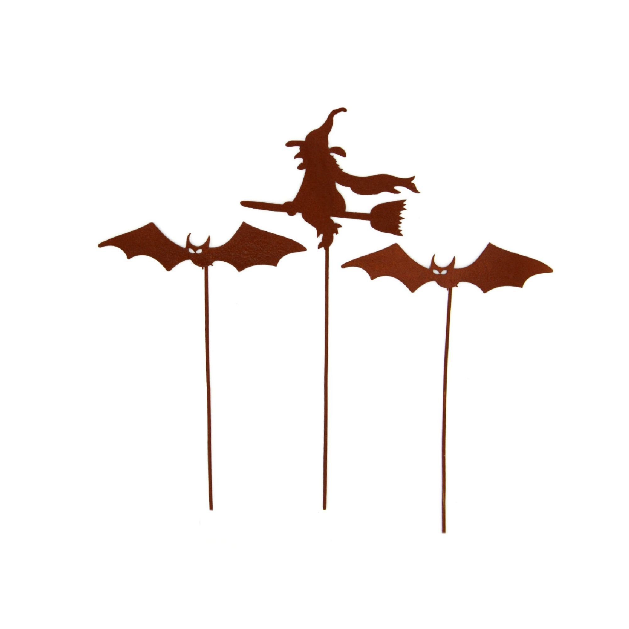 Gartenstecker Blumenstecker in Rostoptik Hexe mit Fledermäusen