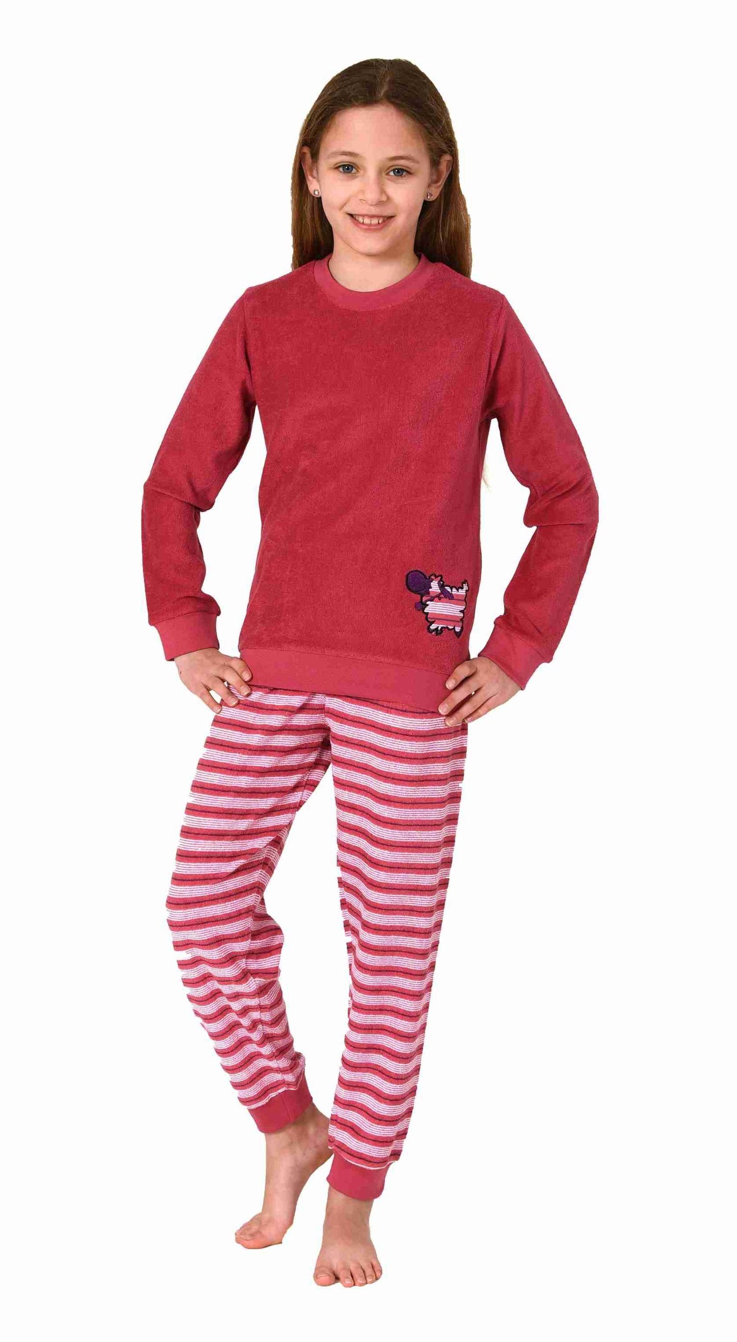 Normann Pyjama Mädchen langarm Frottee Schlafanzug mit Bündchen und süssen Tiermotiv pink | Pyjamas