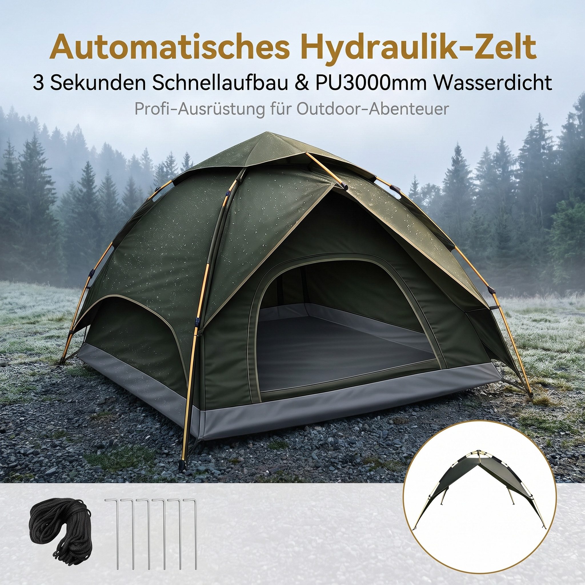 Wurfzelt Camping Pop-Up Zelt 3-4 Personen, Wasserdicht, Kuppelzelt