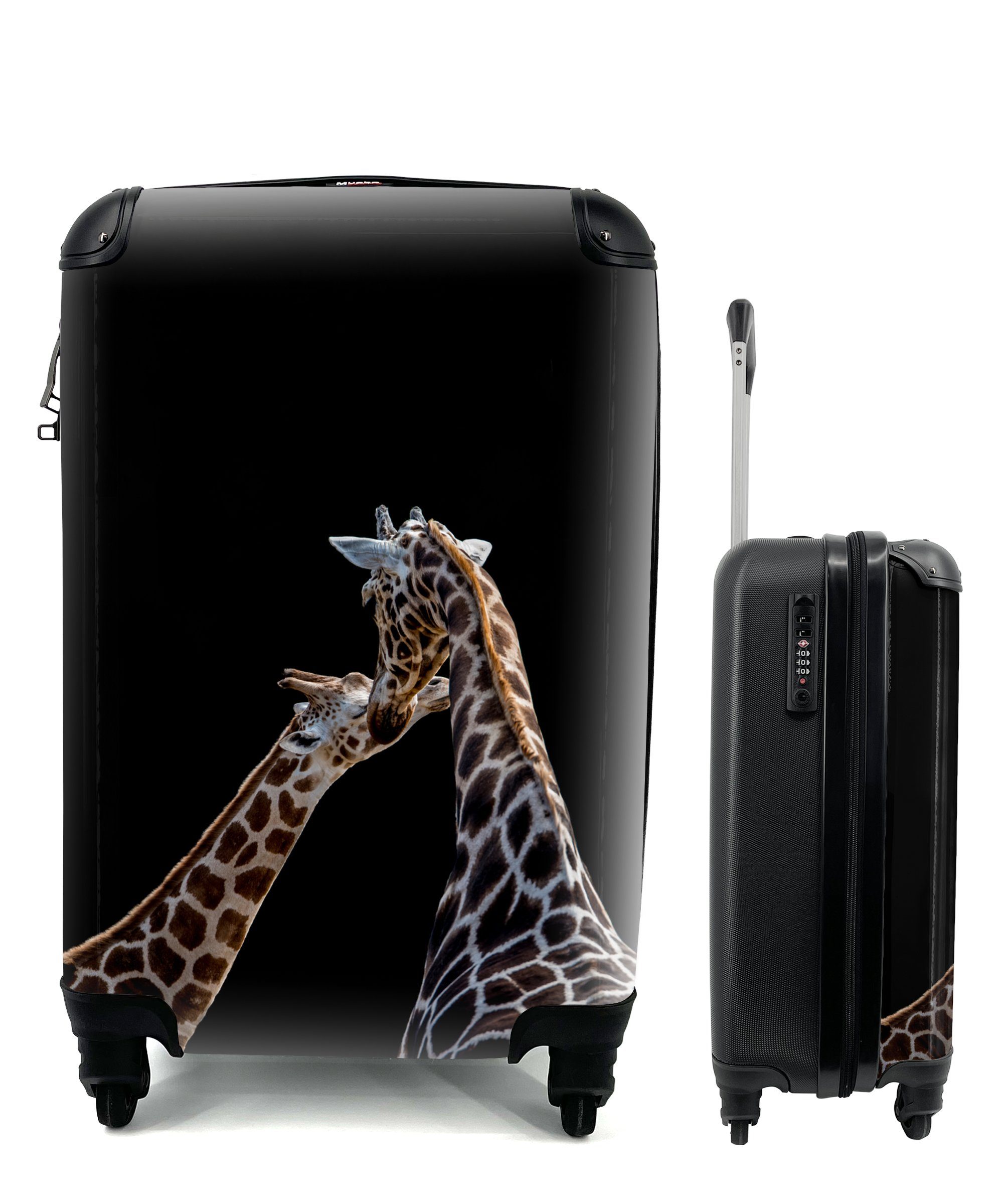 MuchoWow Handgepäckkoffer Mutter und Baby Giraffe vor schwarzem Hintergrund, 4 Rollen, Reisetasche mit rollen, Handgepäck für Ferien, Trolley, Reisekoffer