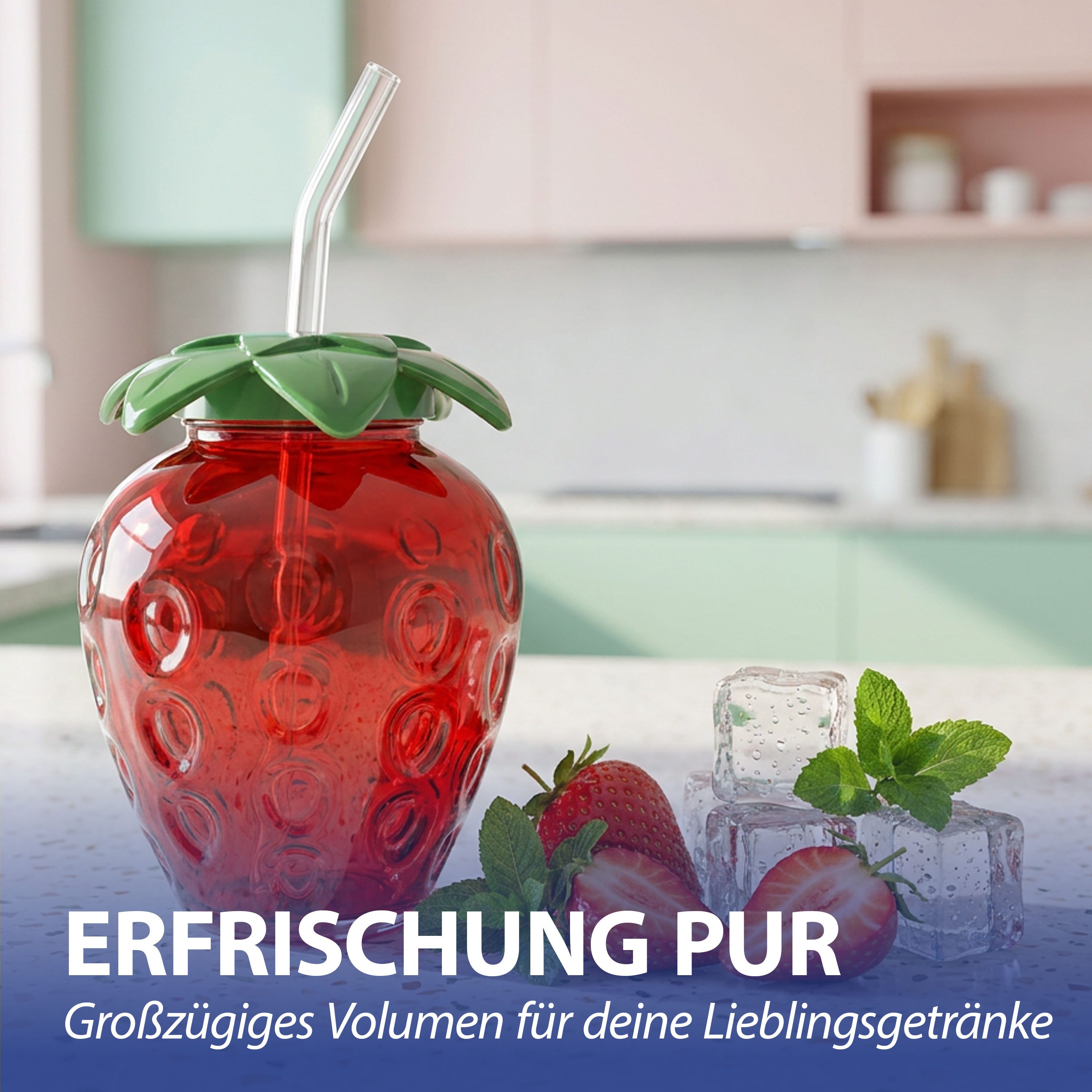 CEPEWA Deko-Glas Trinkglas Strawberry 6er Set Glastrinkhalm PS 450ml 9,5x13cm rot grün – Bild 5 von 5