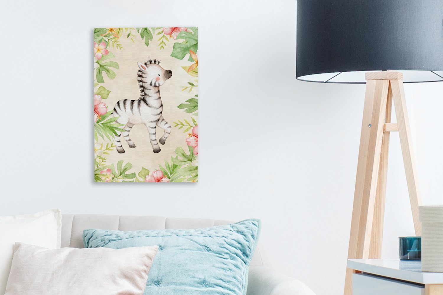 Dschungel fertig Aquarell, Gemälde, cm Zackenaufhänger, 20x30 - OneMillionCanvasses® - Leinwandbild bespannt Leinwandbild St), inkl. Zebra (1