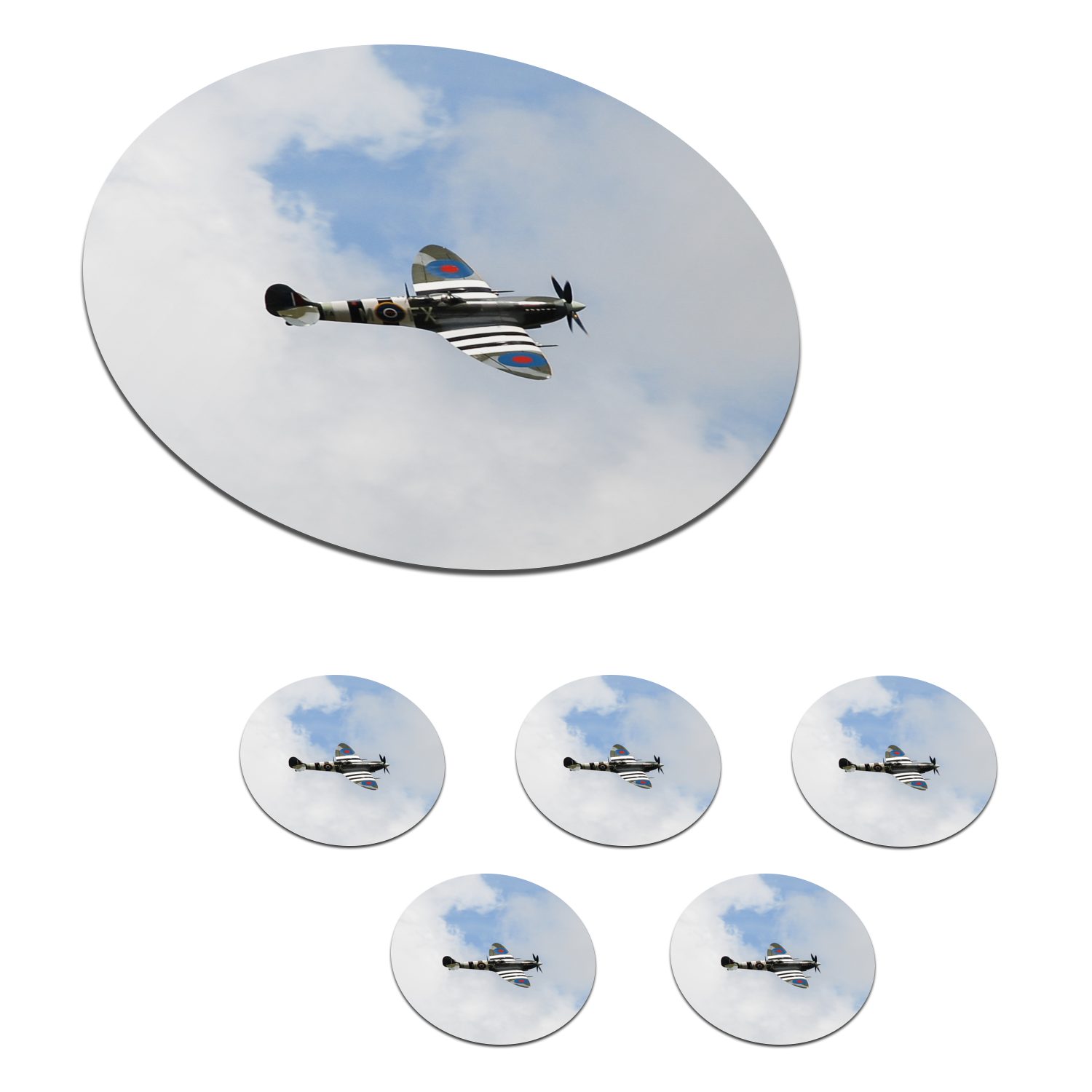 MuchoWow Glasuntersetzer Spitfire-Flugzeug in einem bewölkten Himmel, Zubehör für Gläser, 6-tlg., Getränkeuntersetzer, Tassenuntersetzer, Korkuntersetzer, Tasse, Becher