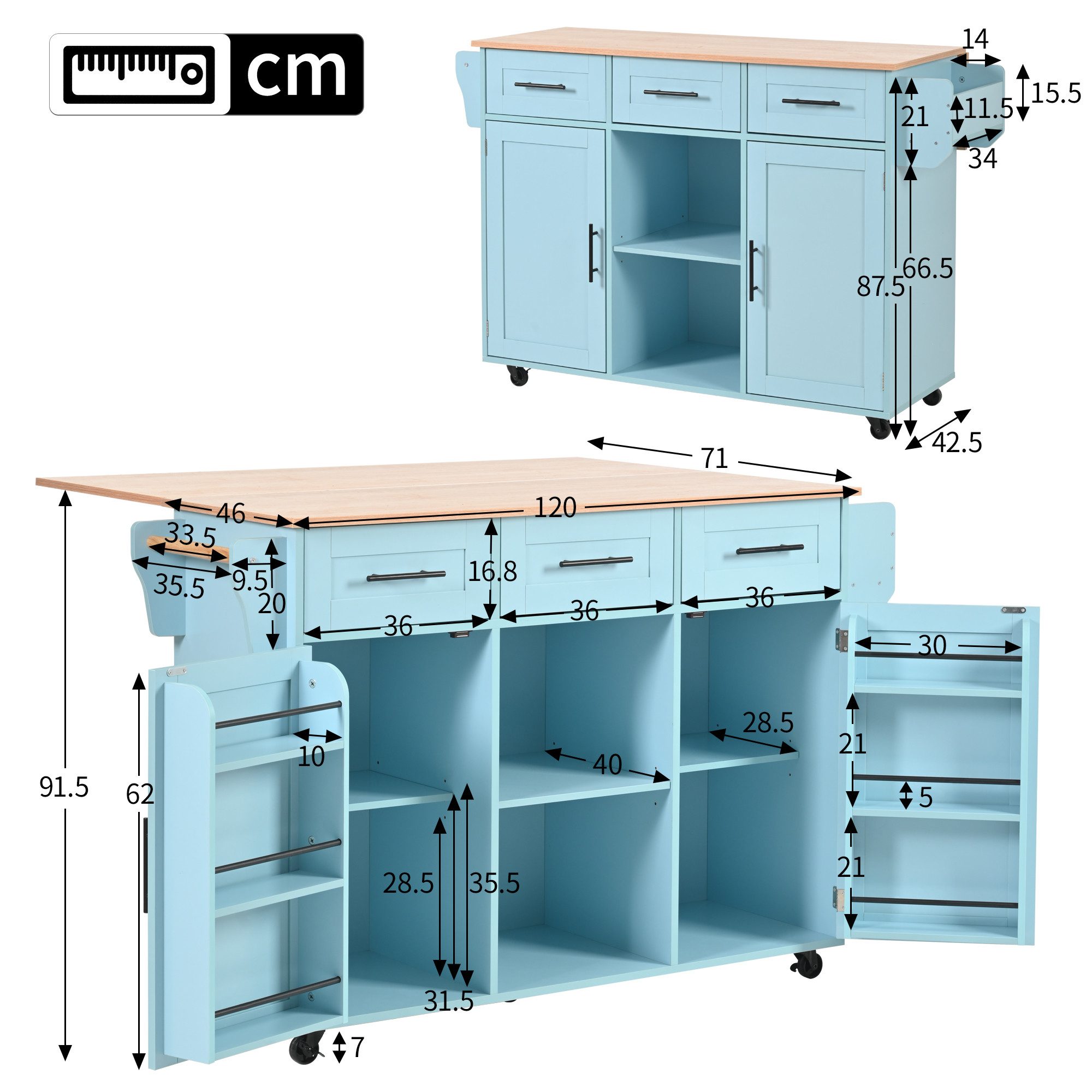 Flieks Küchenwagen mit erweiterbarer Arbeitsplatte, Rollen & Massivholzbeine austauschbar, (139x46(71)x91,5 cm, 1 St), Kücheninsel Buffetschrank Servierwagen mi – Bild 4 von 5
