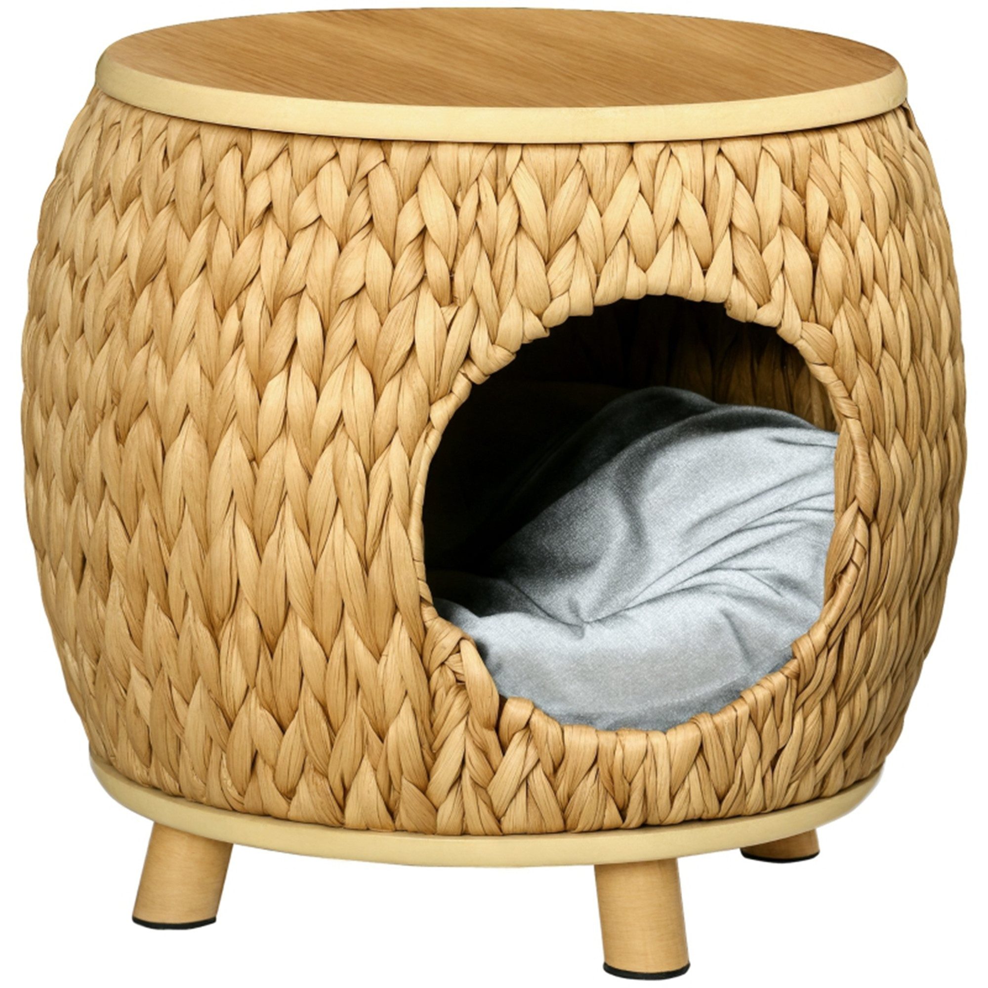 MC Star Tierbett Katzenhöhle aus Wasserhyazinthengras, waschbares Kissen, 44 cm x 43 cm x 42 cm Hellbraun+Naturholz+Grau