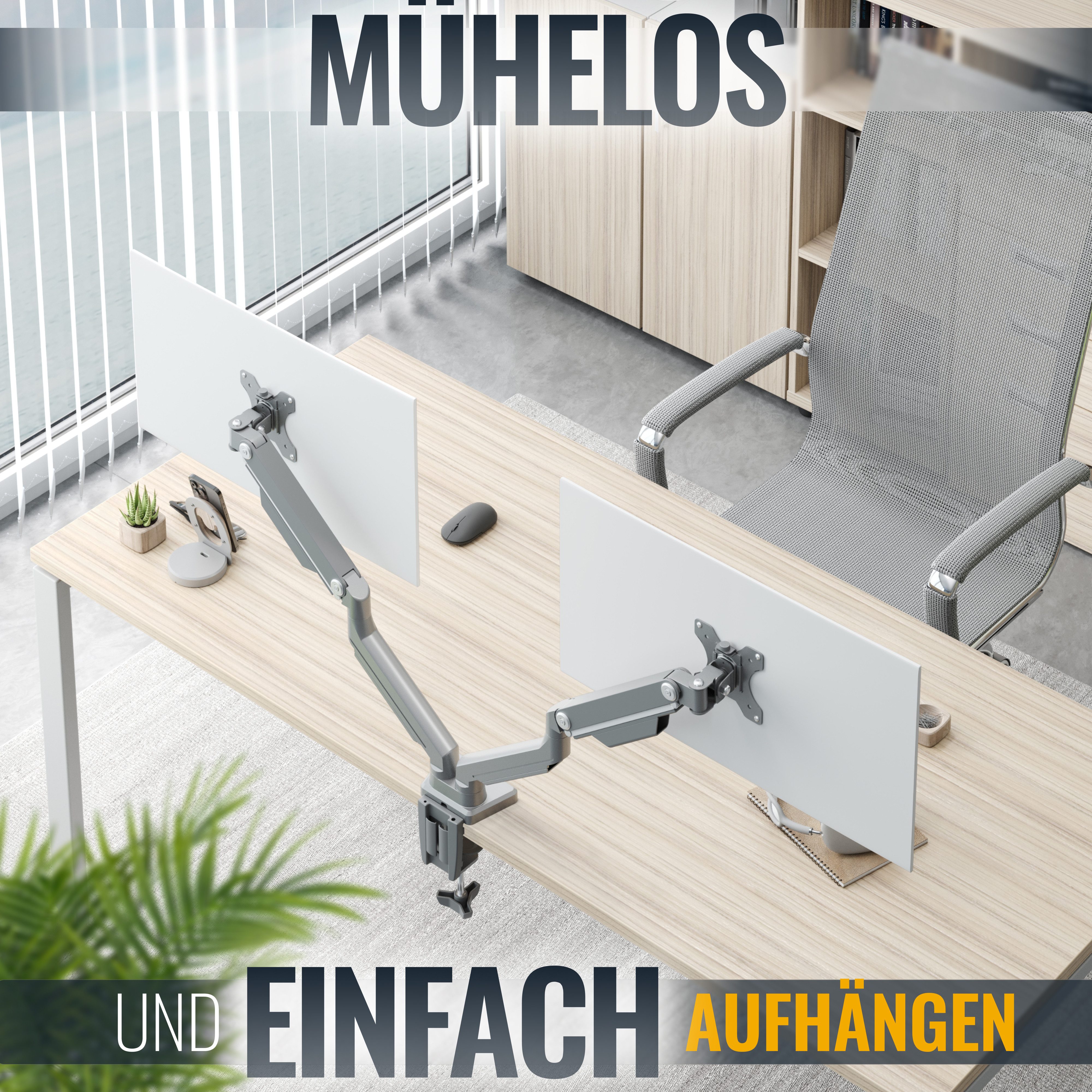 RICOO Monitor-Halterung Tischhalterung für 2 Monitore neigbar mit Doppelarm TS8811, (bis 27 Zoll, VESA 75x75 und 100x100, 1-tlg., min 2Kg - max 8Kg,von 43-68 cm (17"-27) Bildschirm-Diagonale, neigbar +/-90°, schwenkbar +/-90°, BxH Frontplatte 115 mm x 115 mm)