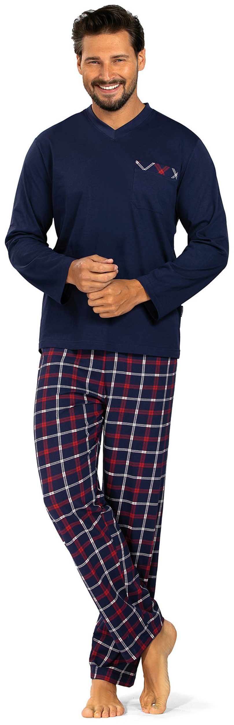 Comte Pyjama Herren Schlafanzug lang mit karierter Hose (Packung, 1 Stück) mit Brusttasche