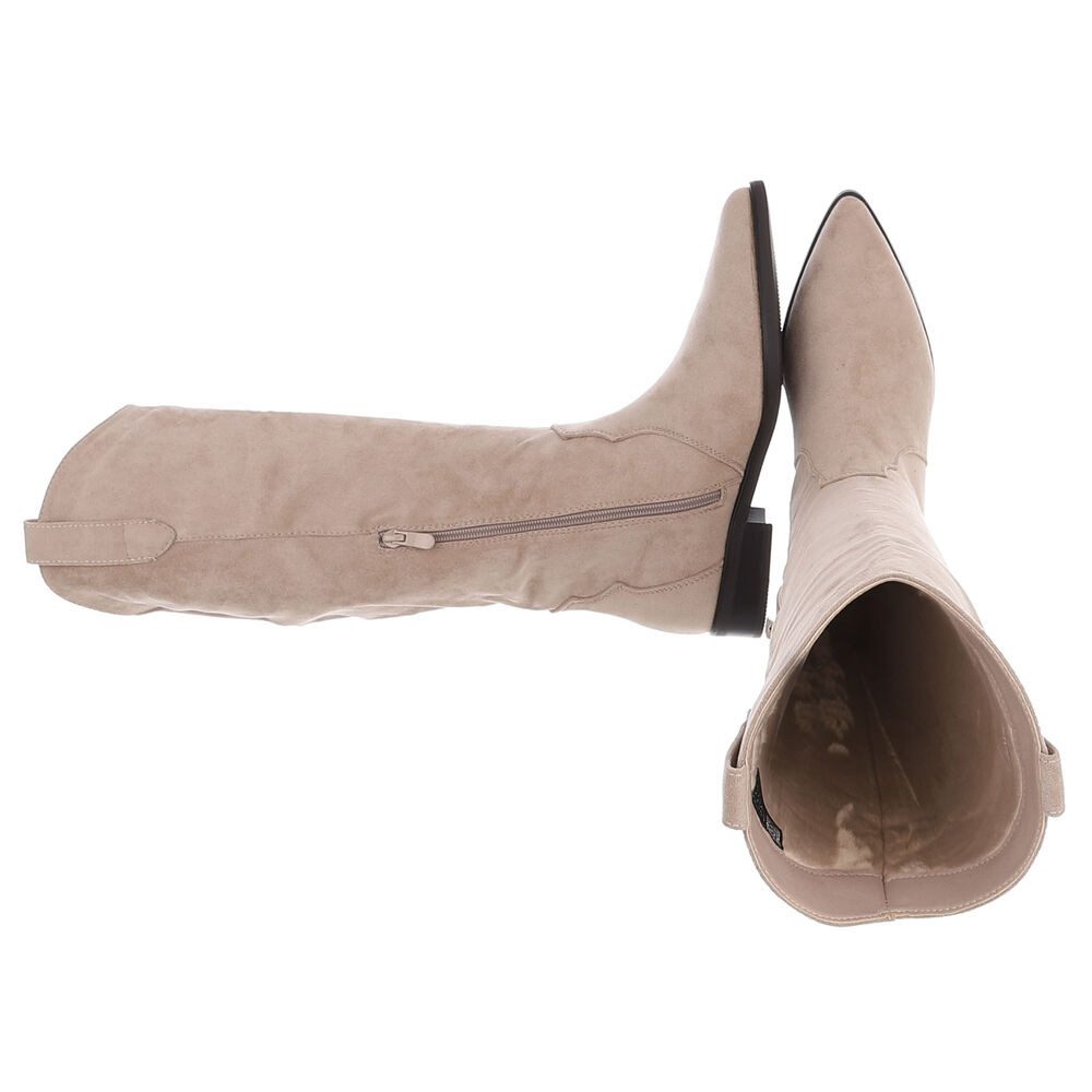 Ital-Design Damen Kniehohe Stiefel in Wildleder-Optik mit Blockabsatz Westernstiefel (92078835) Blockabsatz Flache Stiefel in Beige