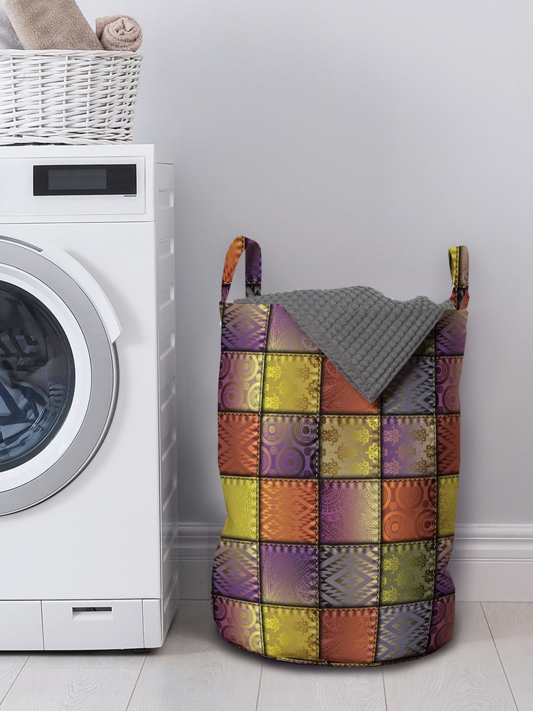 Waschsalons, Abakuhaus für Shapes Stoff Kordelzugverschluss Wäschekorb Mix Digital Griffen Motiv Wäschesäckchen mit
