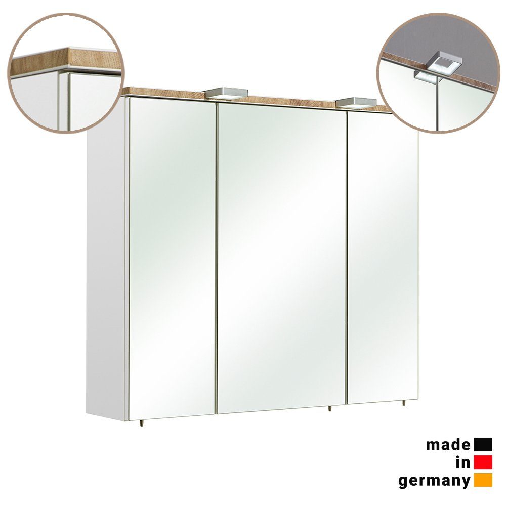 Lomadox Spiegelschrank DOVER-66 Weiß Glanz 80/70/20 Riviera Eiche cm in Nb. Kante mit 3D