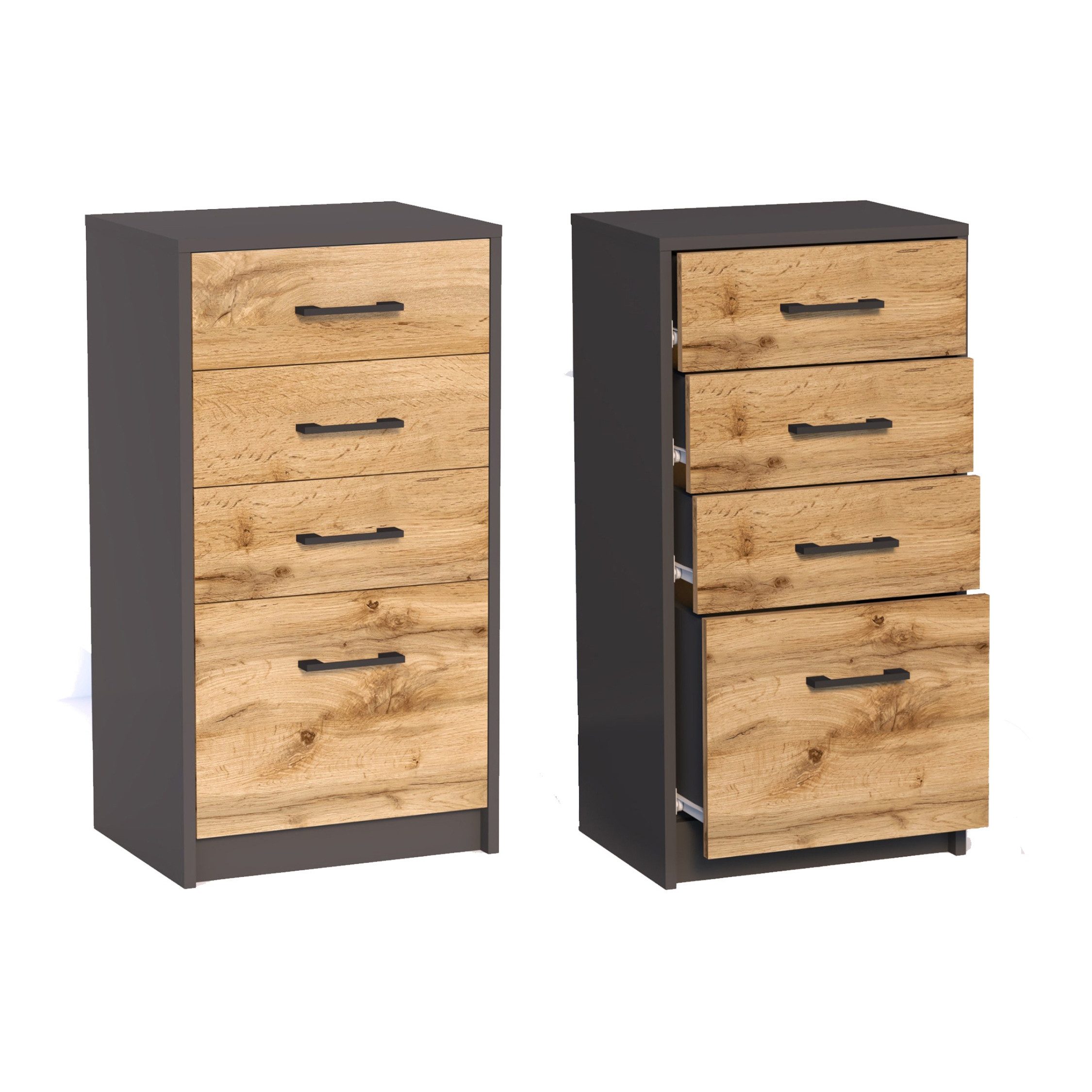 Home Collective Kommode mit 4 Schubladen mit matter Oberfläche, Kommode 45cm breit Holz (Schlafzimmer Wohnzimmer Flur Büro Organizer, Metallrollen mit Auszugsstopp), Schrank Kommode mit Schubladen Sideboard Highboard graphit Eiche