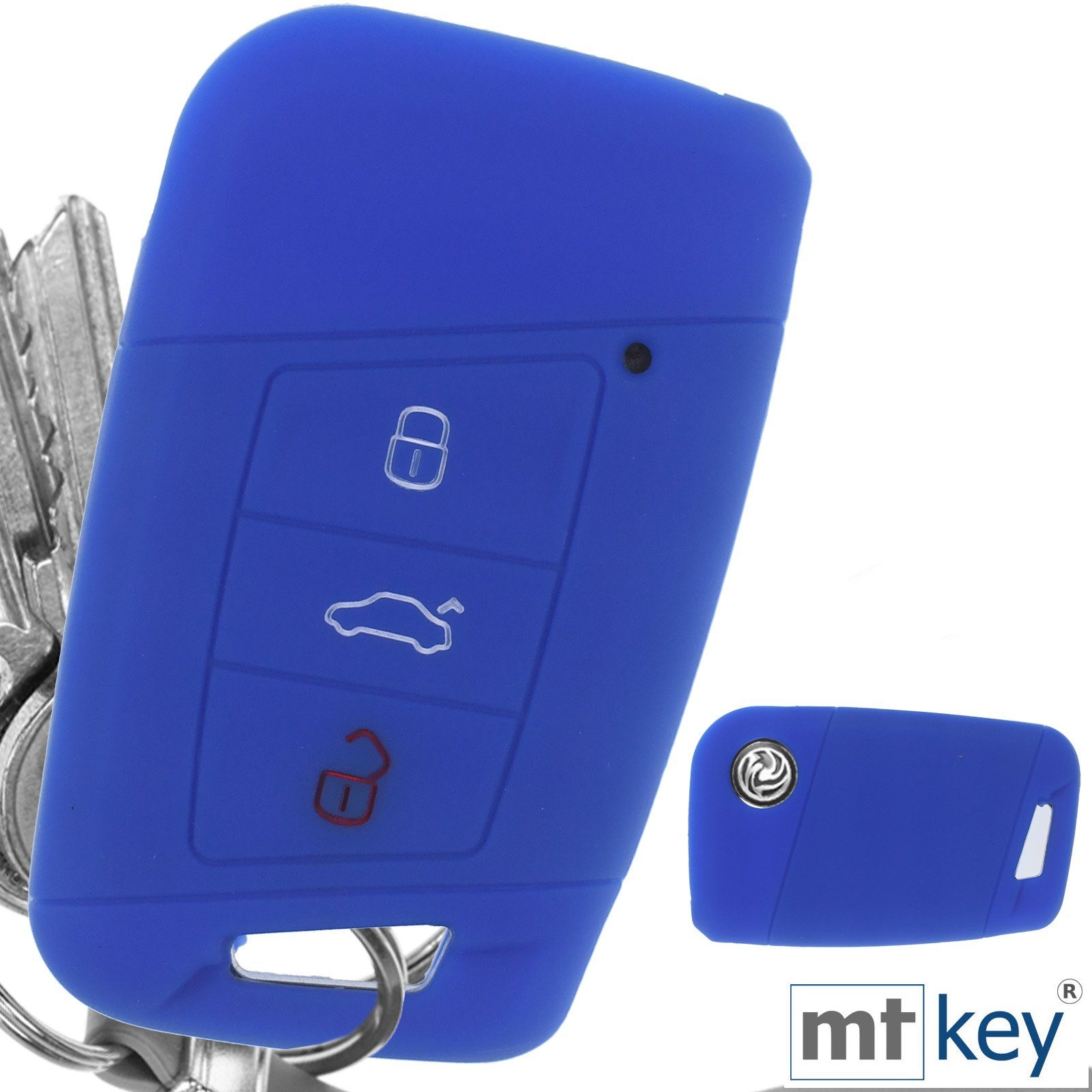 mt-key Schlüsseltasche Autoschlüssel Softcase 3 Kodiaq Silikon Blau, Passat VW Arteon Skoda Schutzhülle B8 für SMARTKEY Tasten KEYLESS