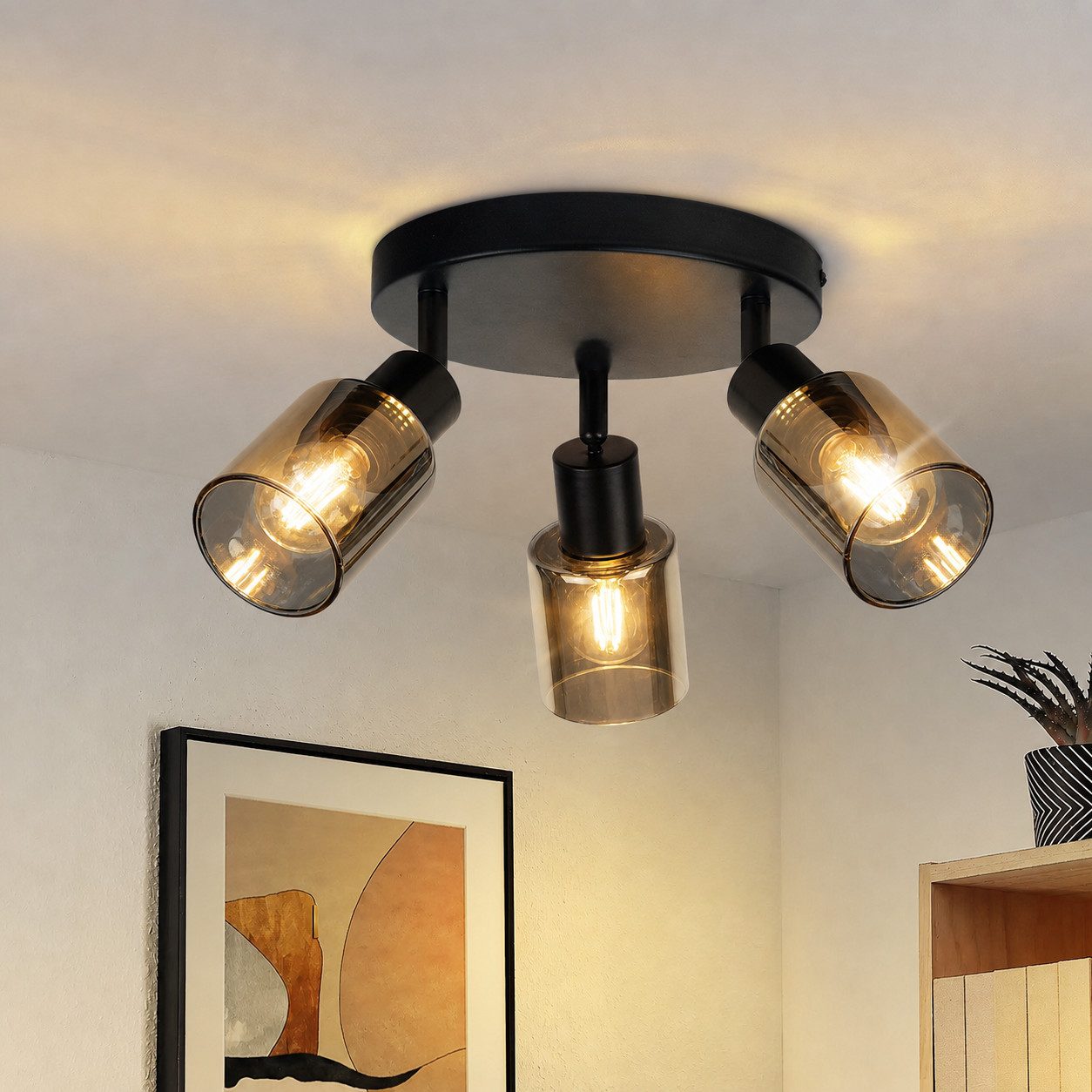 Nettlife Deckenstrahler Schwarz Vintage Glas E14 3 flammig Metall Deckenleuchte Schwenkbar, LED wechselbar, Spotleuchte für Wohnzimmer Flur Küche
