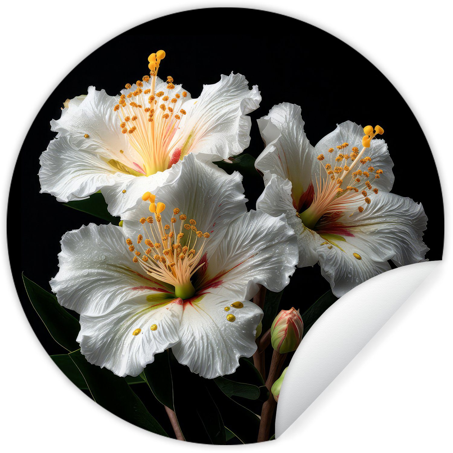 MuchoWow Wandsticker Blumen - Hibiskus - Weiß - Schwarz für (1 Tapetenaufkleber, St), Rund, Kinderzimmer, Natur - Wohnzimmer Tapetenkreis