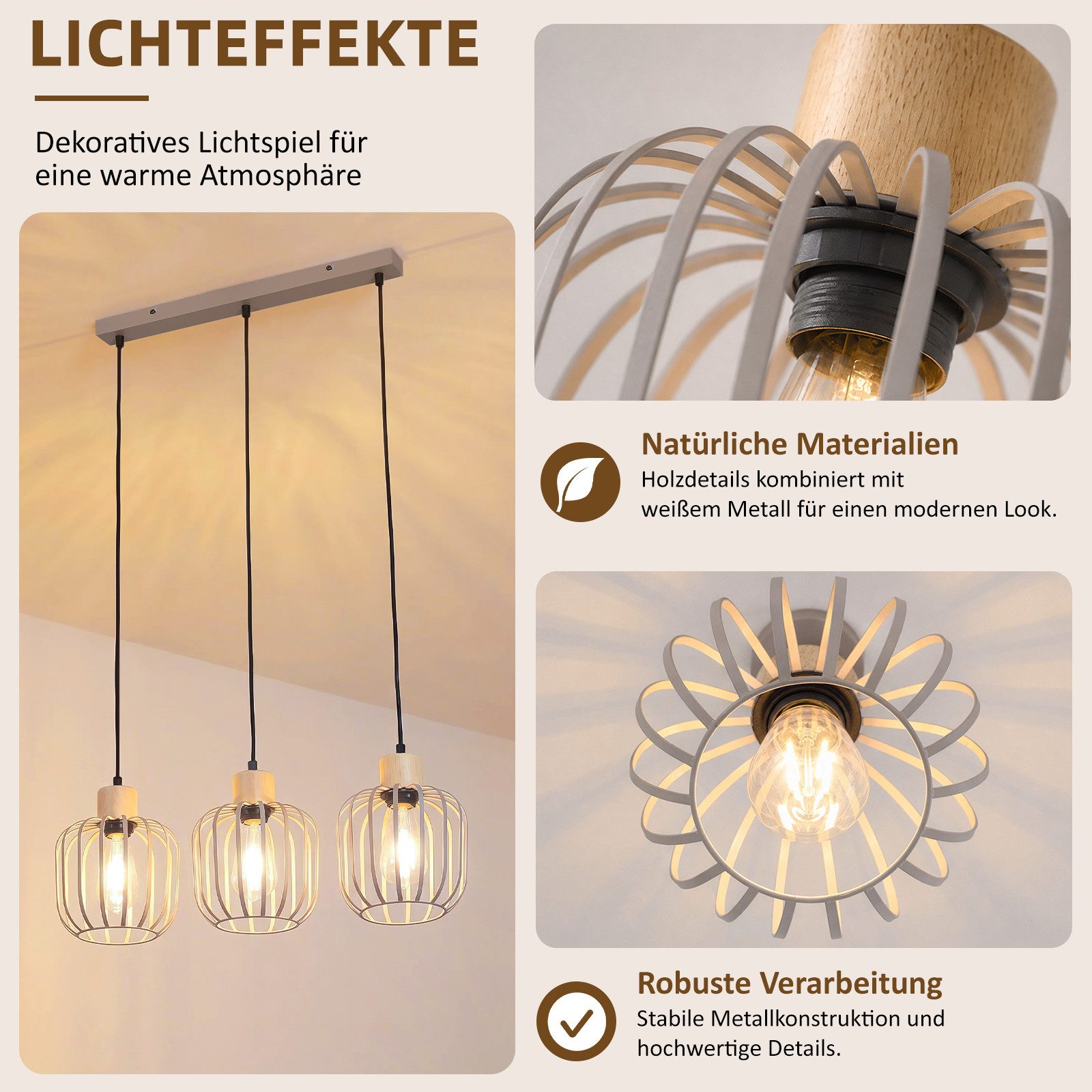 Nettlife Pendelleuchte Weiß/grau 1/3flammig Holz moderne Hängelampe E27 Fassung, ohne Leuchtmittel, für Esstisch Wohnzimmer Küche Flur Kücheninsel – Bild 5 von 5