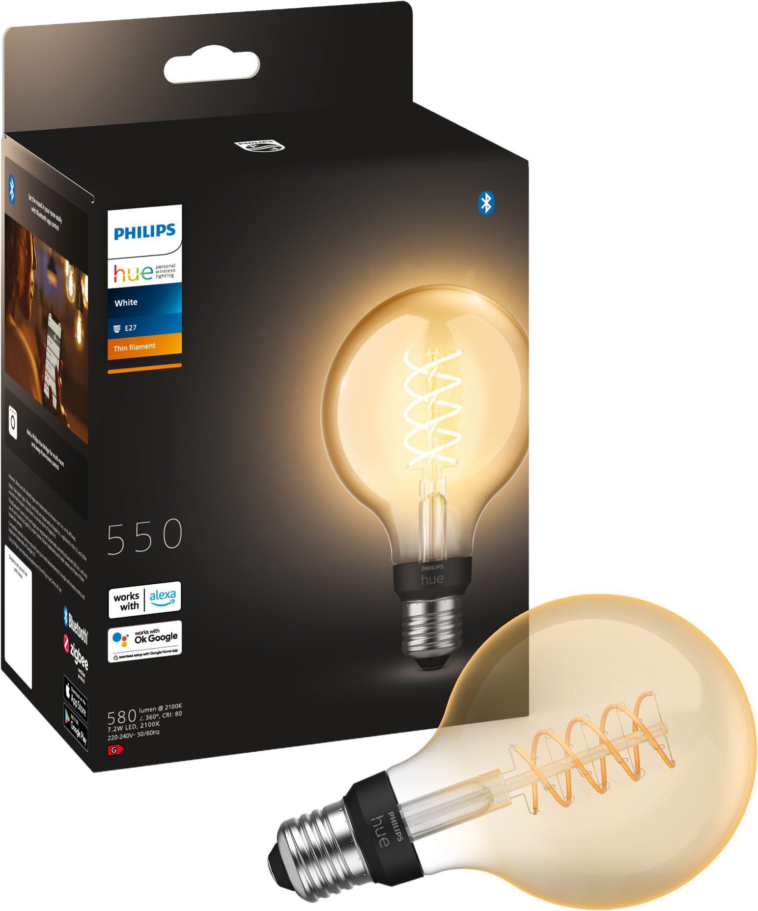 Philips Hue LED-Filament White Globe G93 550lm, E27, 1 St., Warmweiß