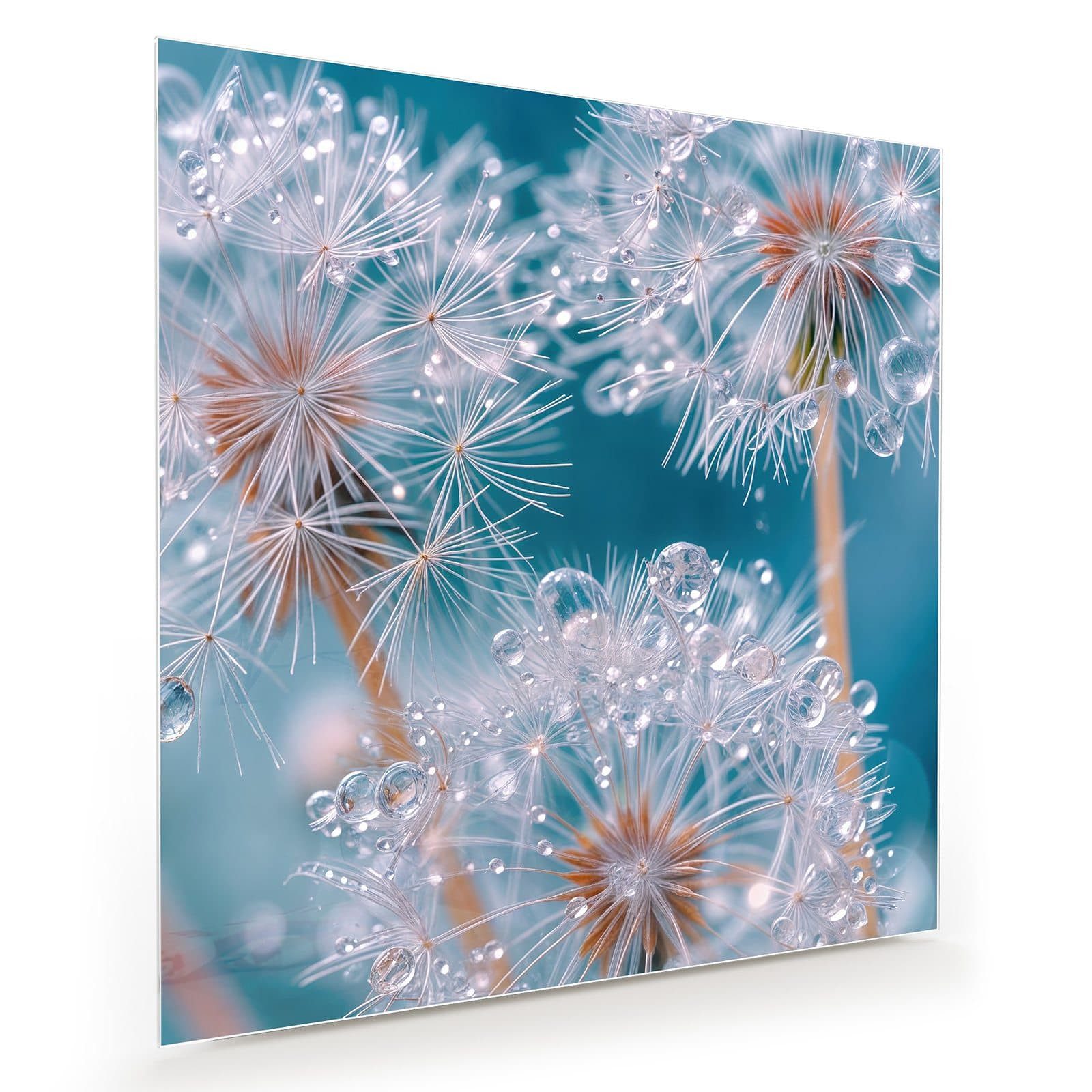 Glasbild Wandbild Quadratisch Wassertropfen Pusteblume mit Aufhängung