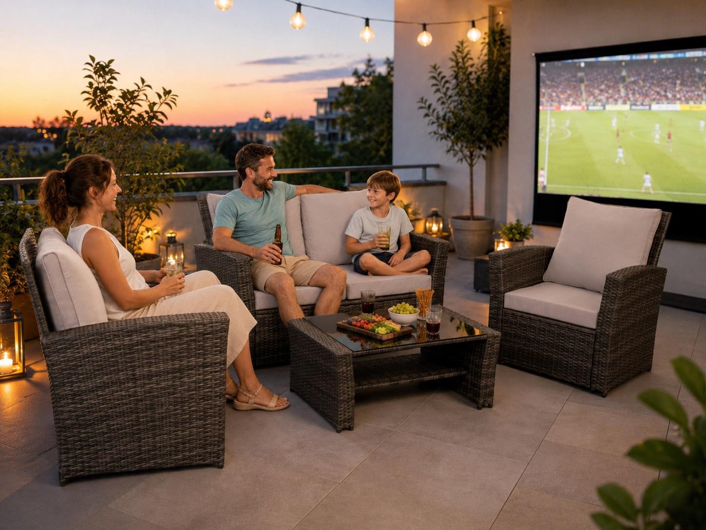 MeXo Gartenlounge-Set Polyrattan Gartenmöbel Set für 4 Personen, wetterfest, (Balkonmöbel Set Sitzgruppe, 4-tlg., mit Tisch & Stauraum), hohe Rückenlehne 80 cm, breite Armlehnen 8 cm