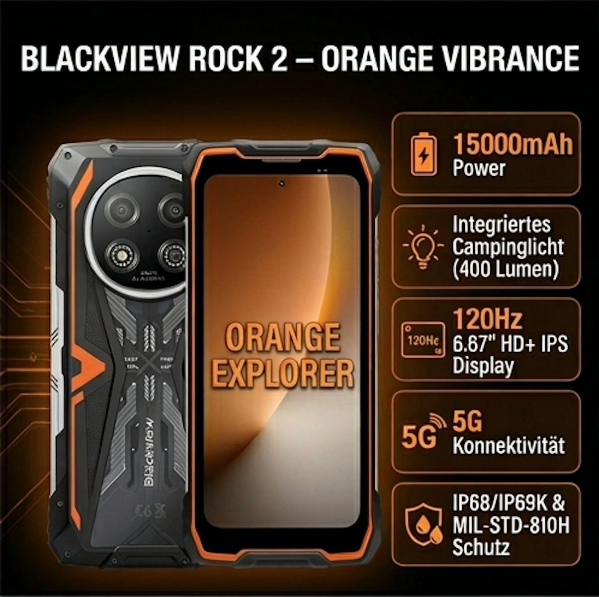 blackview 5G Outdoor Smartphone 15000mAh Akku 24GB RAM 120Hz Display (16.94 cm/6.67 Zoll, 256 GB Speicherplatz, 16 MP Kamera)