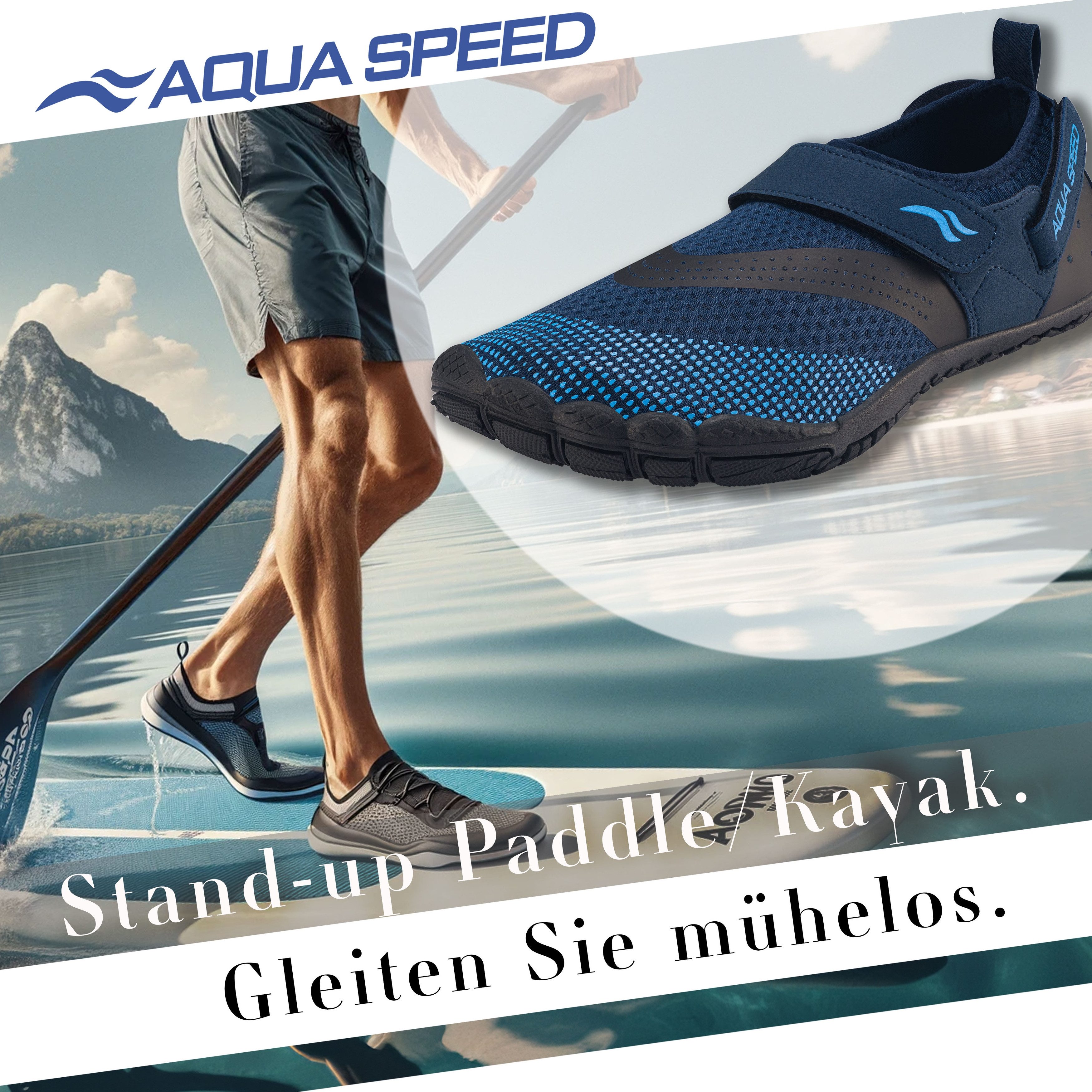 Aqua Speed Modische Schwimmschuhe AGAMA Gr. 46 – Navy/Schwarz/Hellblau Wasserschuh (Schwimmschuhe für Herren – luftig, flexibel & formstabil) Schnelltrocknend & flexibel – Für Wasserpark, Boot & SUP