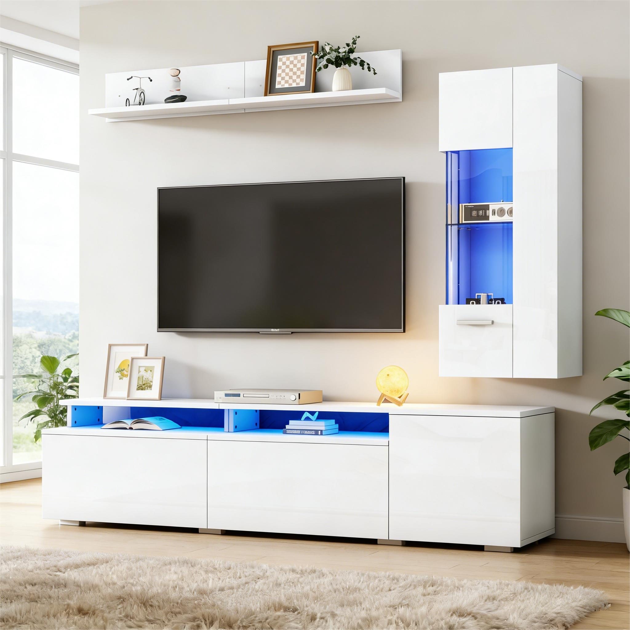 Merax Wohnwand 3-teilig Wohnwand Set mit LED Beleuchtung, (3-St), TV Schrank, Vitrine & Hängeregal, Modulares Wohnzimmer Möbel Set