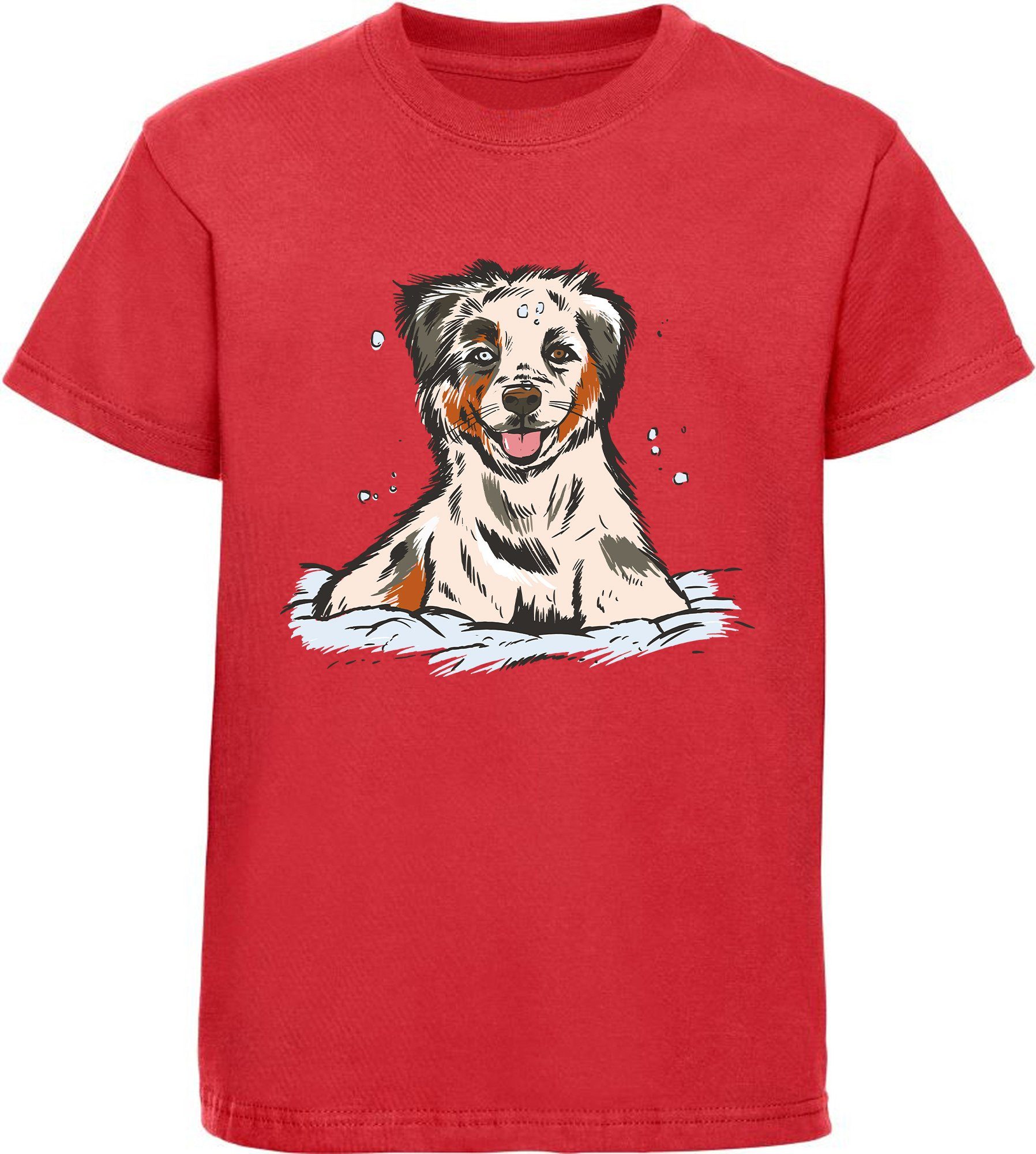 MyDesign24 Print-Shirt bedrucktes Kinder und Jugend Hunde T-Shirt Australian Shepherd Welpe Baumwollshirt mit Aufdruck, i216 rot