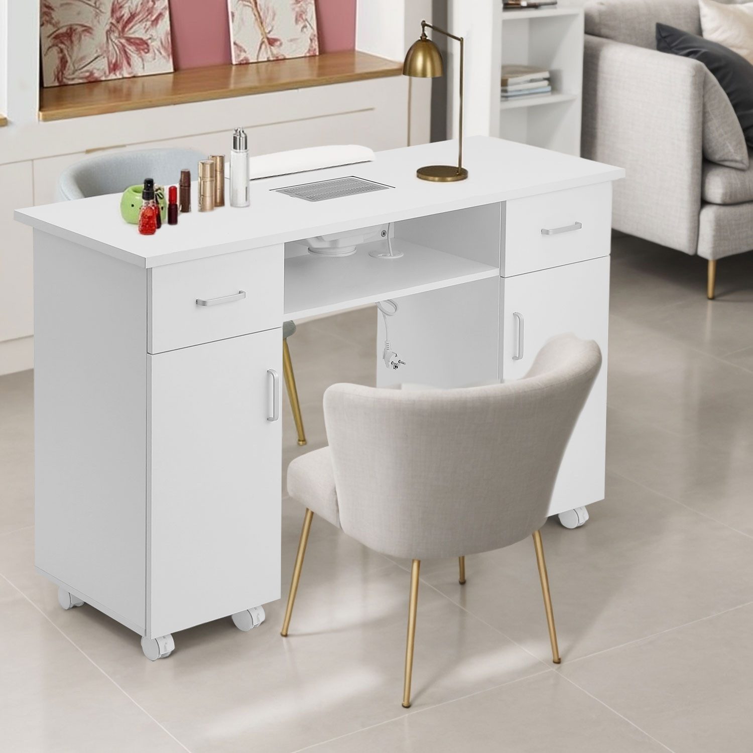 DARDVORLAG Arbeitstisch Profi Maniküretisch, Nageltisch mit 2 Schubladen und 2 Schränke (1 Tisch), mit 8 Lenkrollen, leicht zu wischen, 120×45×80.5cm