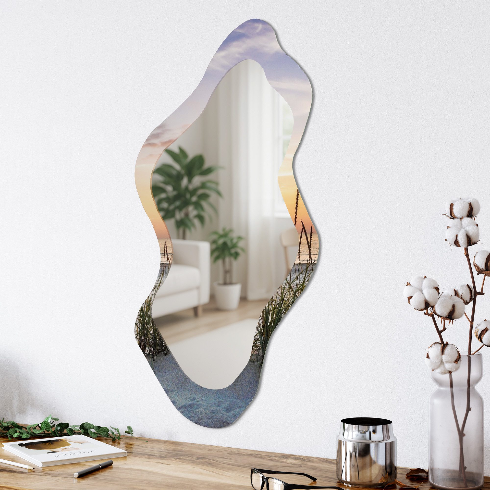 DEQORI Wandspiegel 'Sonnenuntergang am Strand', Spiegel organisch geformt selbstklebend Wand Wohnzimmer Flur groß XXL